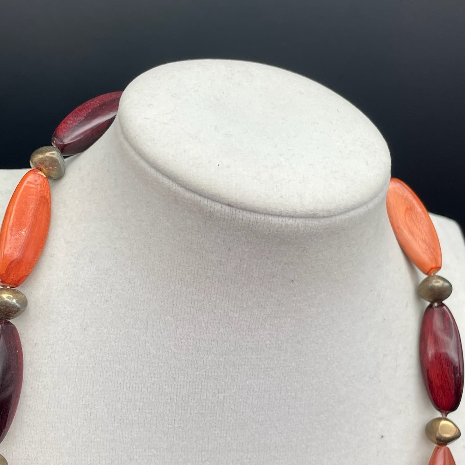 Vintage Orange & Burgundy Beaded Necklace Gold Tone Autumn Boho Style - Thumbnail 8