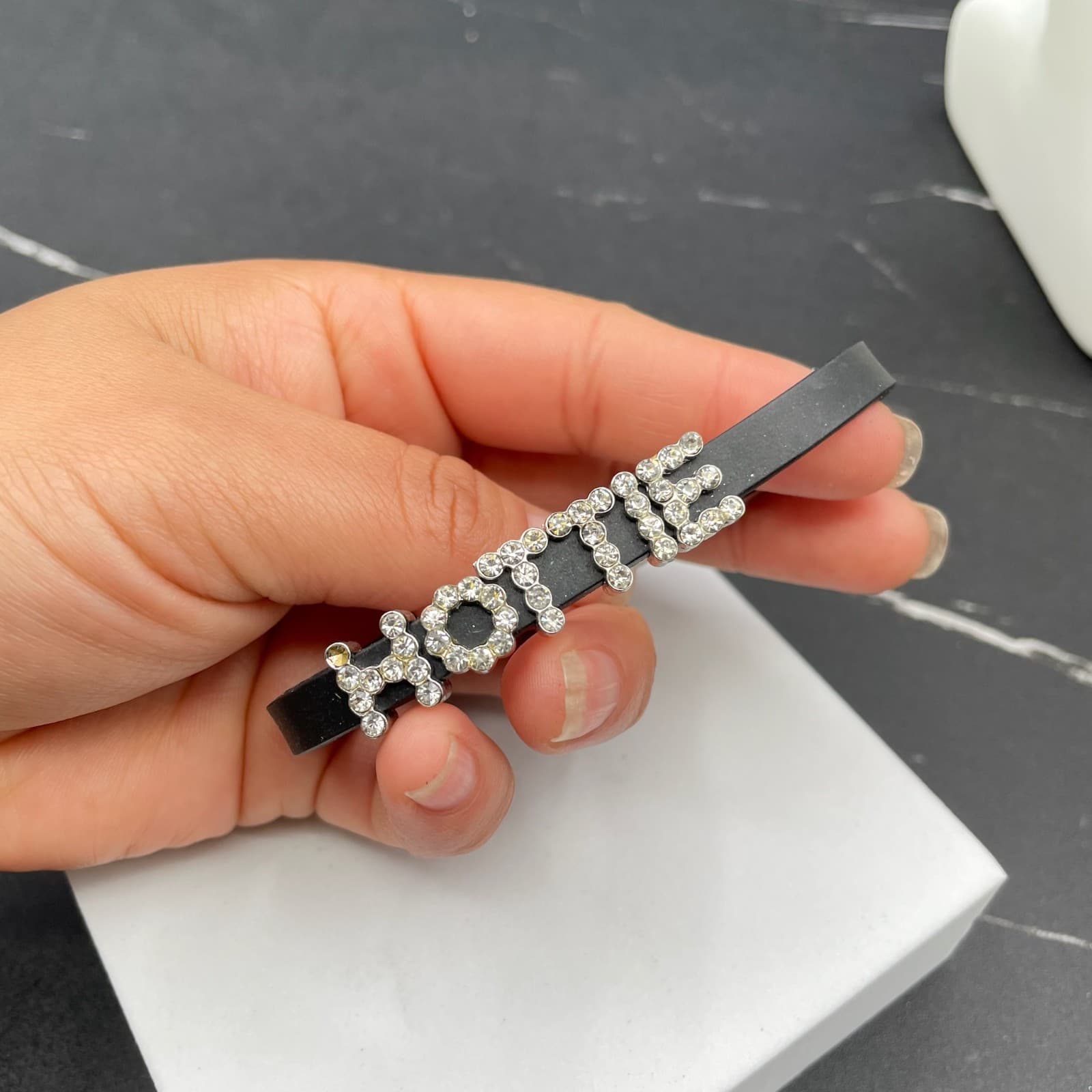 Y2K Silver-Tone Classic Rhinestone Rubber Slider Charm "HOTTIE" Buckle Bracelet - Thumbnail 8