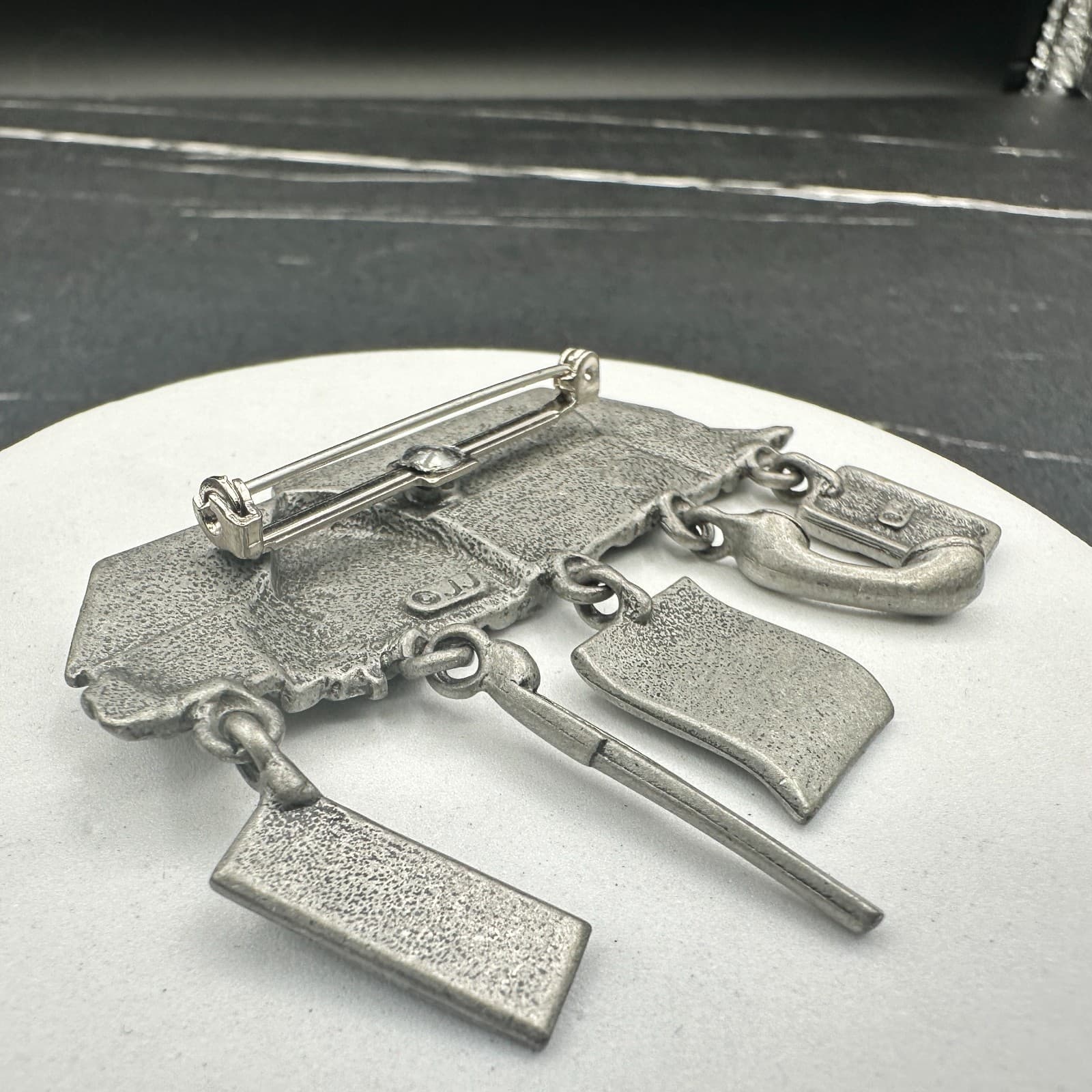 Vintage JJ Pewter Real Estate Agent House With Dangling Charms Brooch Pin - Thumbnail 5