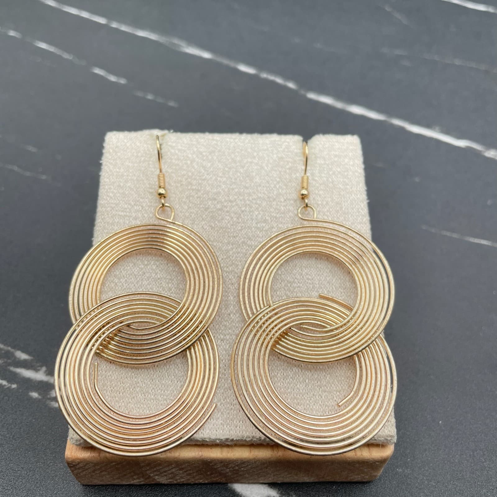 Gold-Tone Layered Interlocked Swirl Circle Hoop Dangle Drop French Hook Earrings - Thumbnail 2
