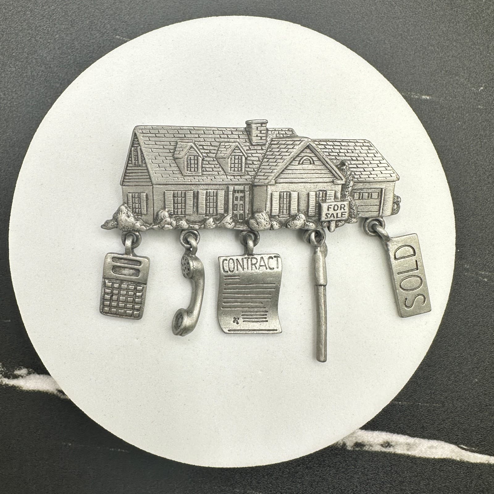Vintage JJ Pewter Real Estate Agent House With Dangling Charms Brooch Pin - Image 1