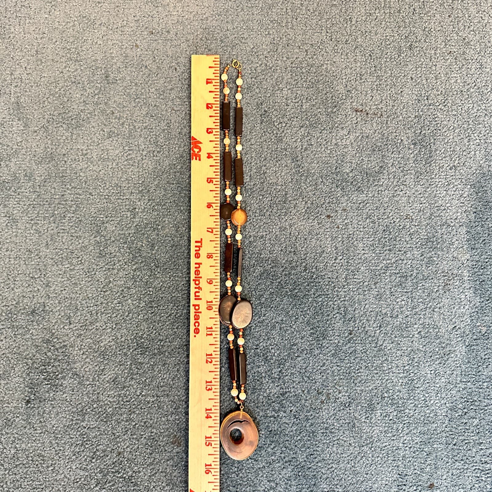 VTG 90s Wooden Statement Necklace Long Dark Brown Orange Organic Pendant - Thumbnail 11