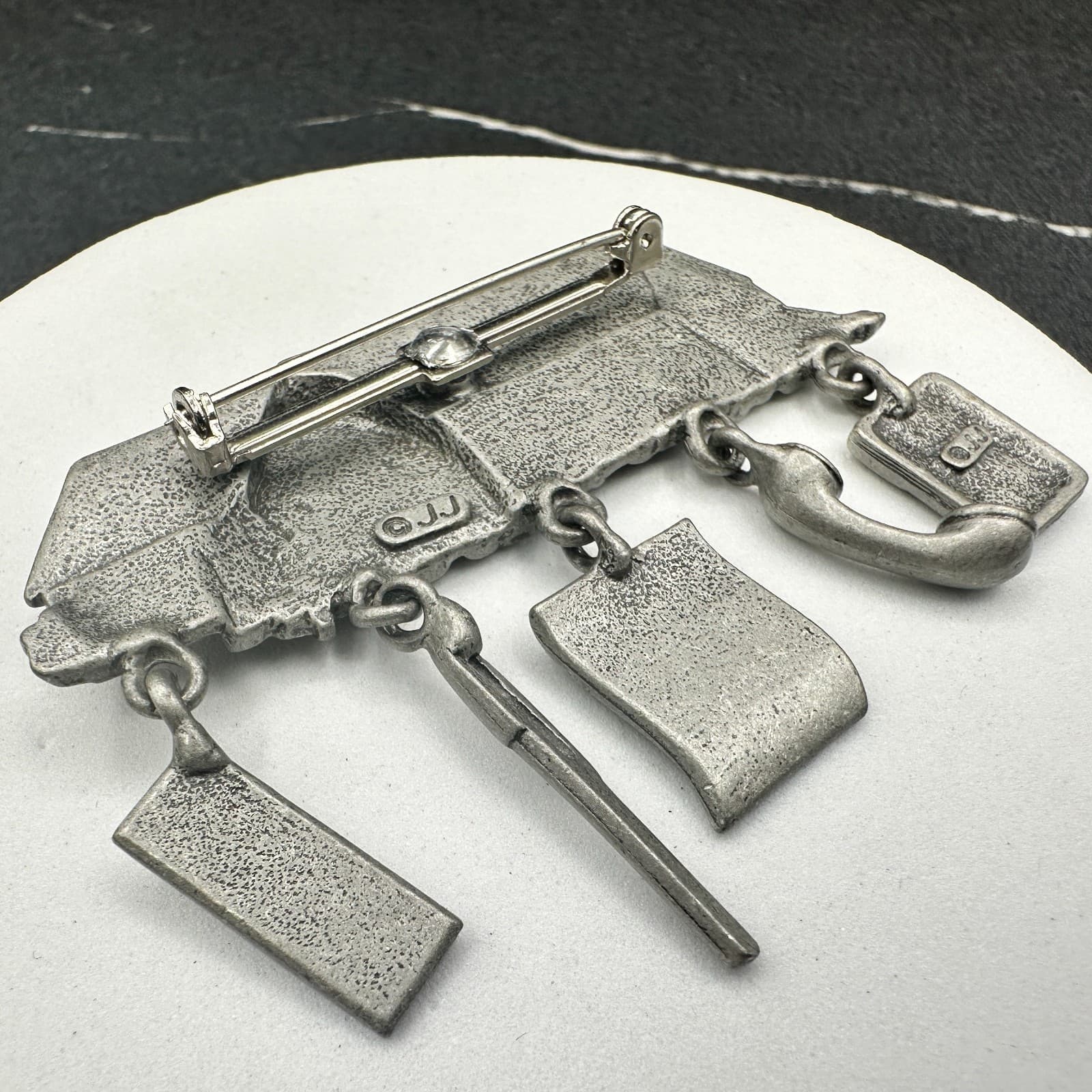 Vintage JJ Pewter Real Estate Agent House With Dangling Charms Brooch Pin - Thumbnail 6