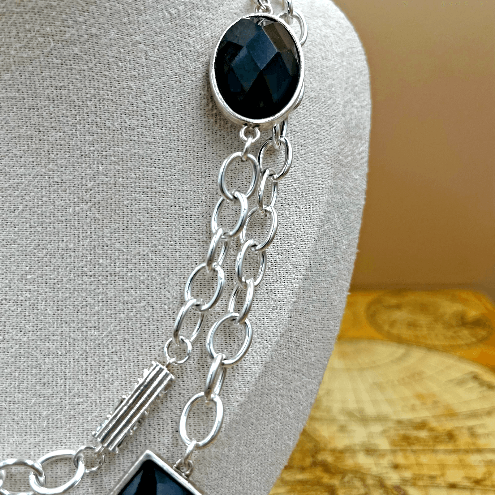 Vintage Silver Tone Necklace Black Stone Pendant Two Strand Statement Jewelry - Thumbnail 3