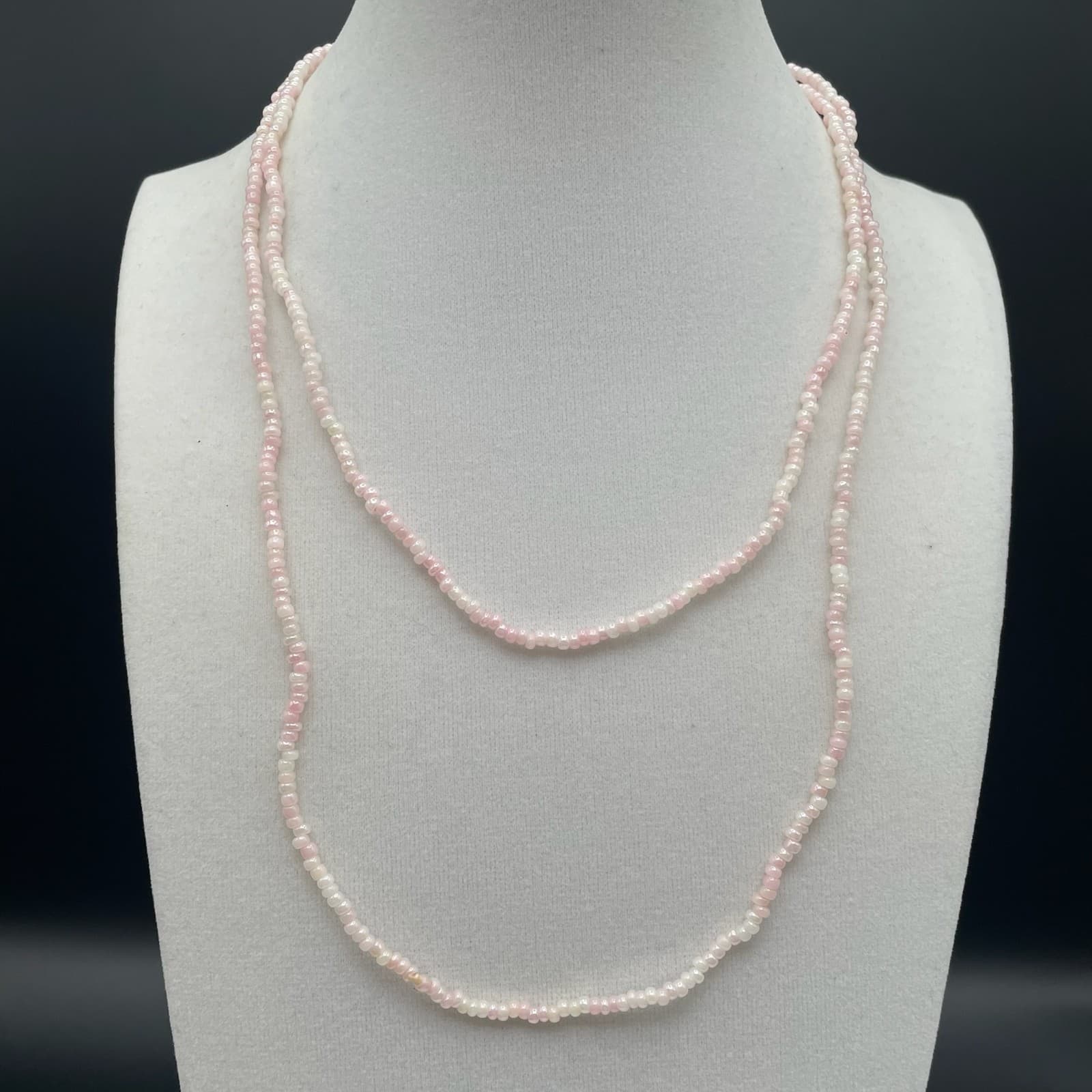 Vintage Pink Long Seed Bead Necklace Flapper Boho Layering Glass Excellent - Image 1