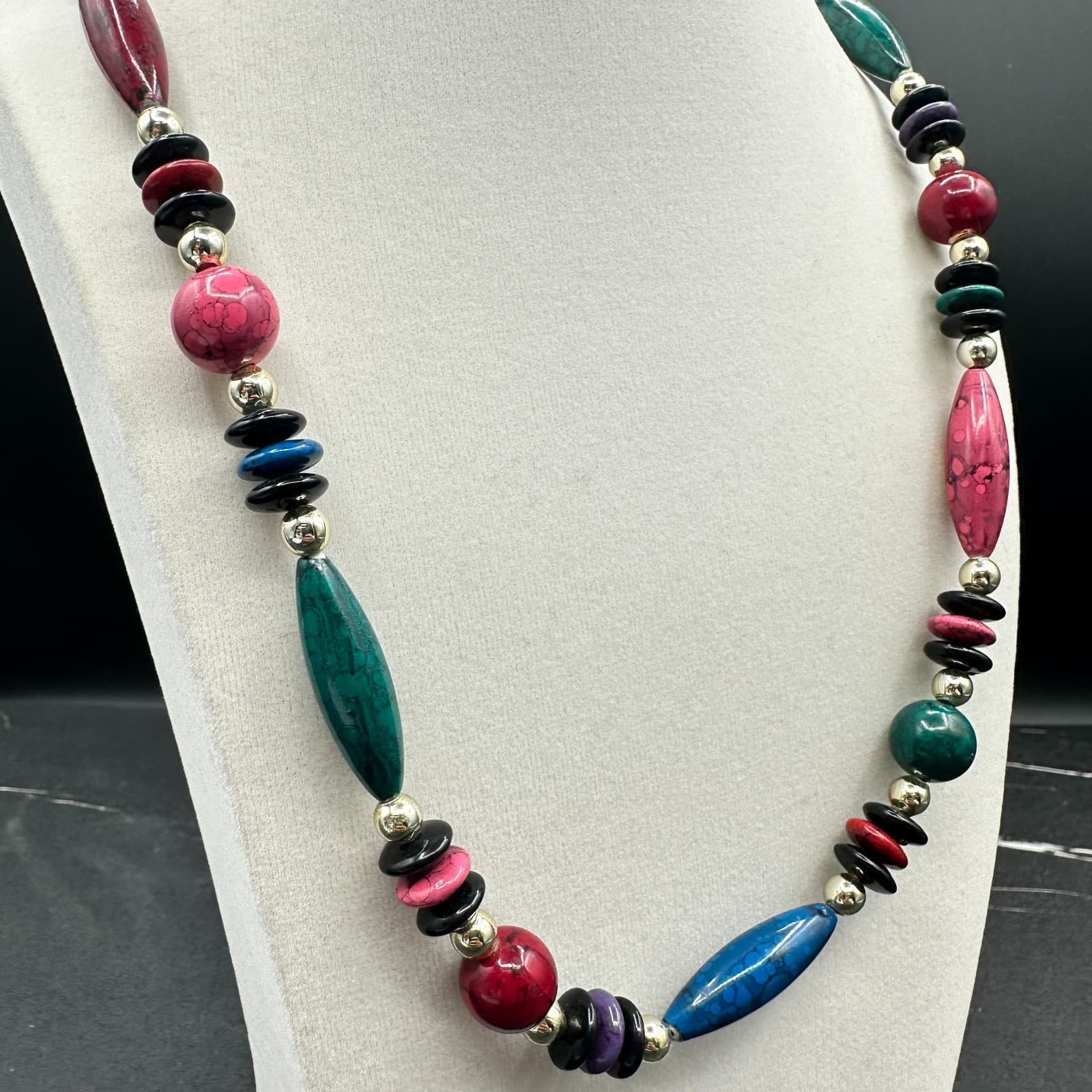 Vintage Multi-Color Statement Necklace Bead Gold Tone 80s Style Chunky 15 in - Thumbnail 4