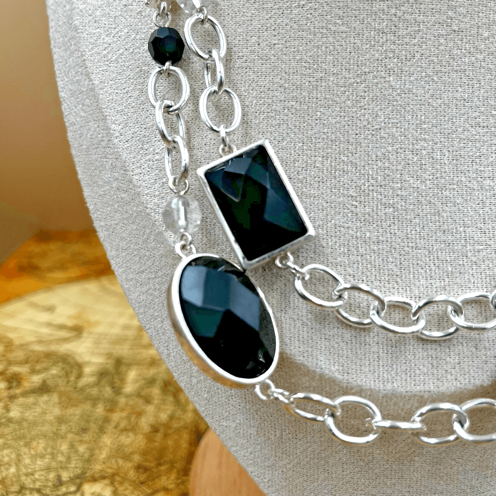 Vintage Silver Tone Necklace Black Stone Pendant Two Strand Statement Jewelry - Thumbnail 4