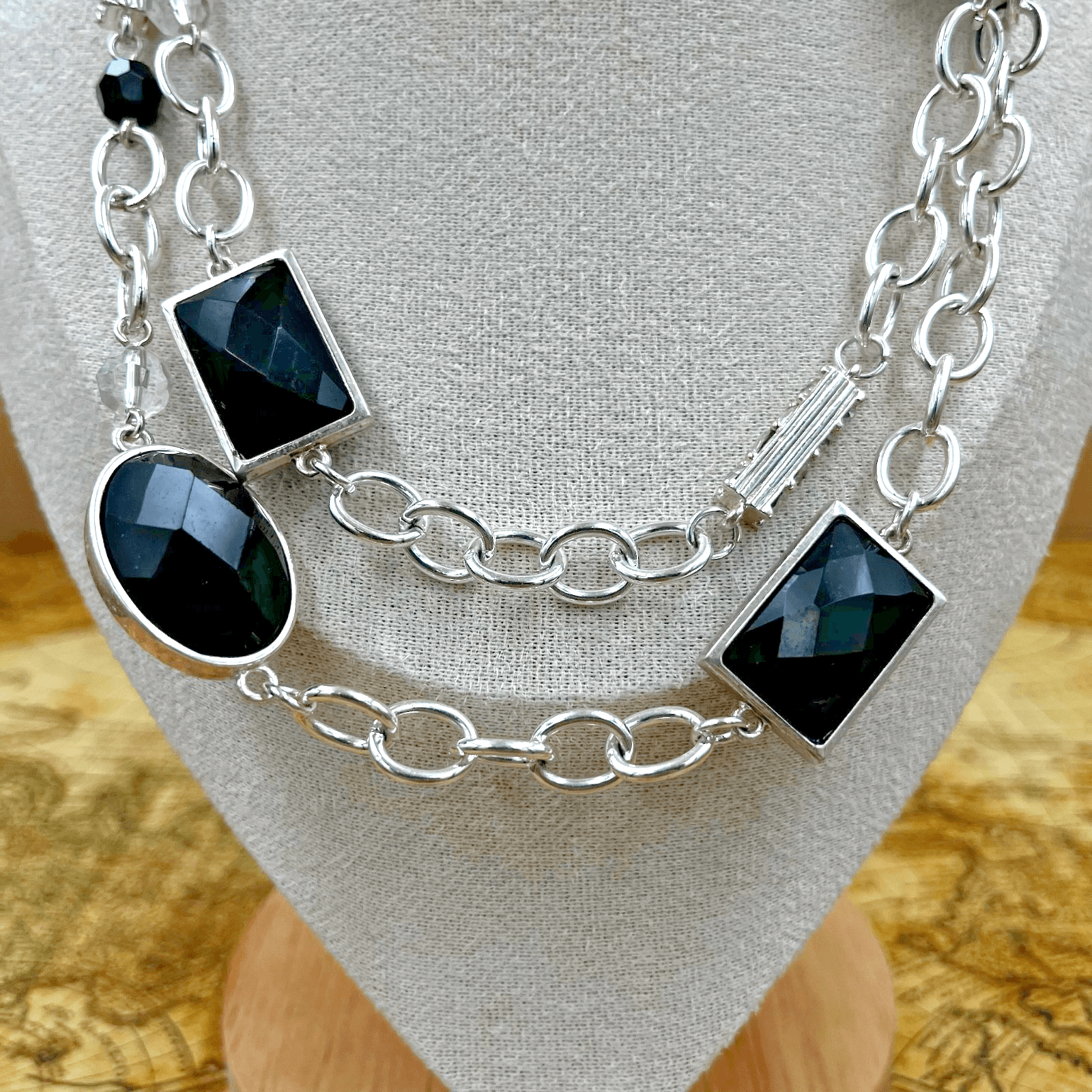 Vintage Silver Tone Necklace Black Stone Pendant Two Strand Statement Jewelry - Thumbnail 2