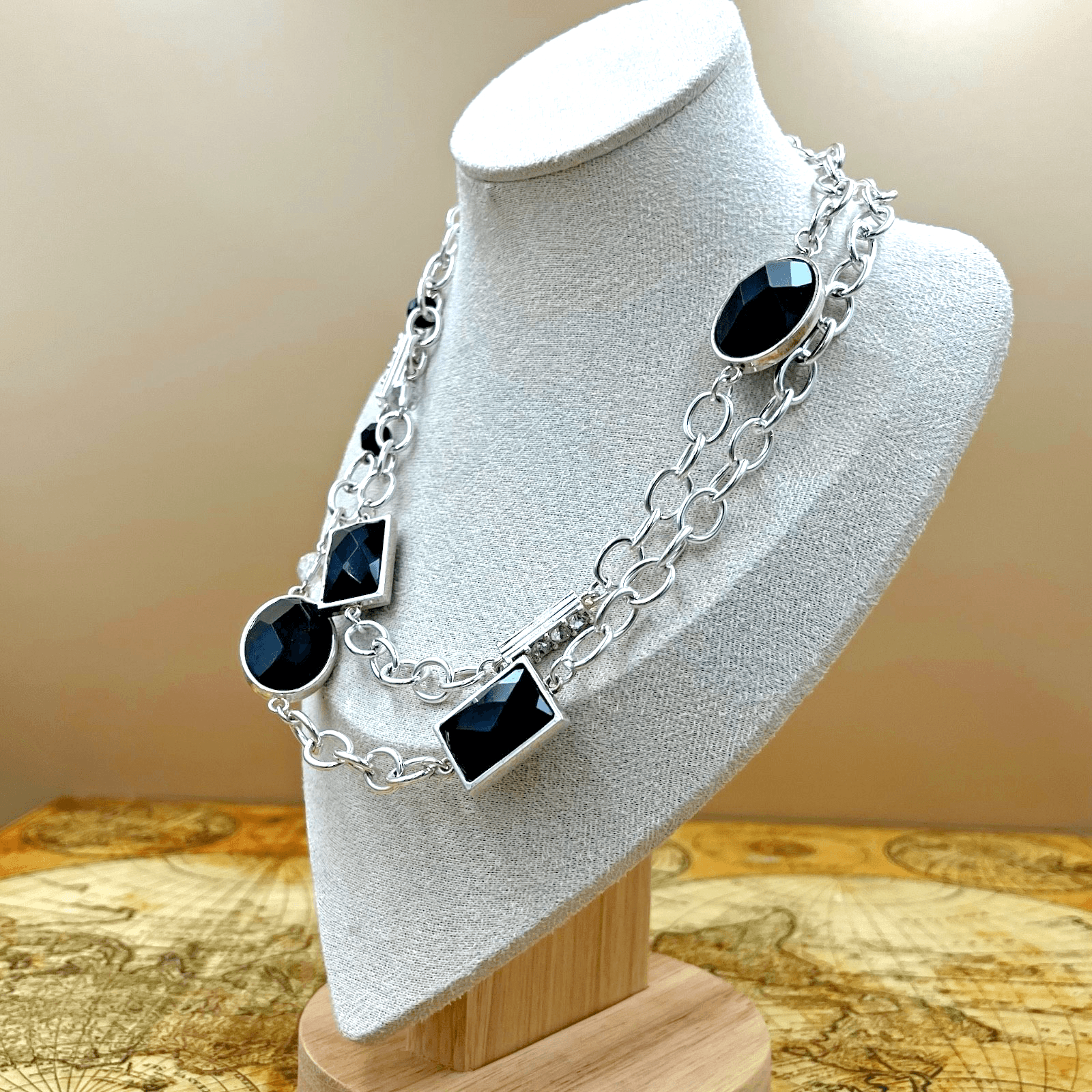 Vintage Silver Tone Necklace Black Stone Pendant Two Strand Statement Jewelry - Thumbnail 5