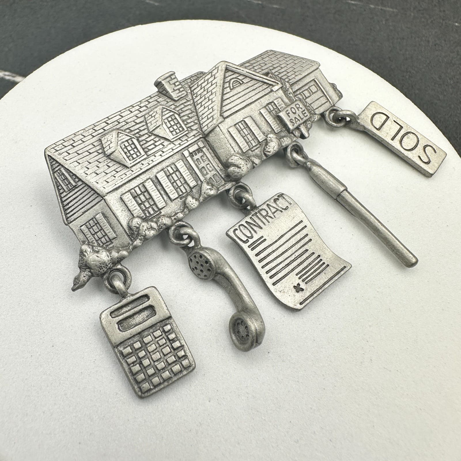 Vintage JJ Pewter Real Estate Agent House With Dangling Charms Brooch Pin - Thumbnail 3