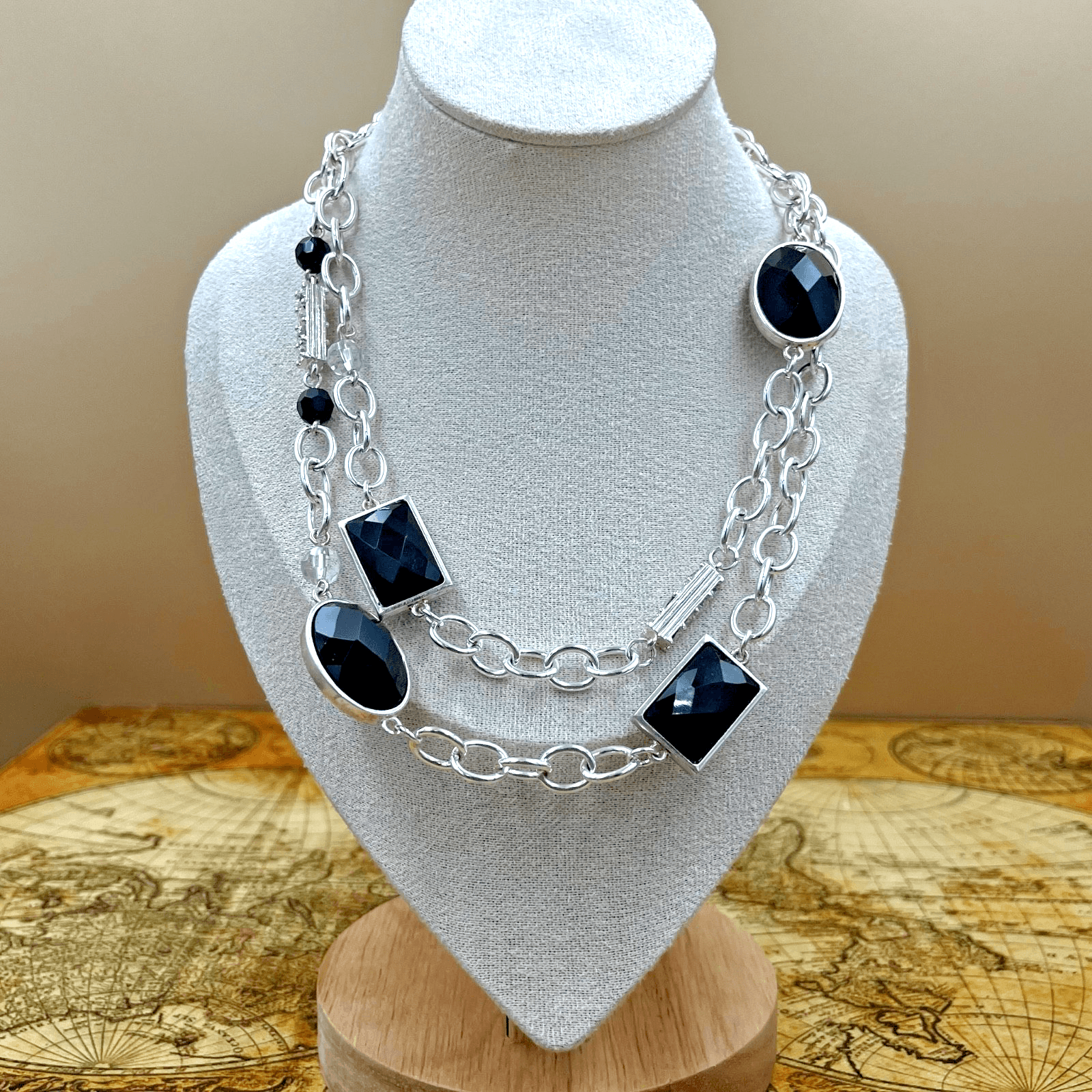 Vintage Silver Tone Necklace Black Stone Pendant Two Strand Statement Jewelry - Image 1