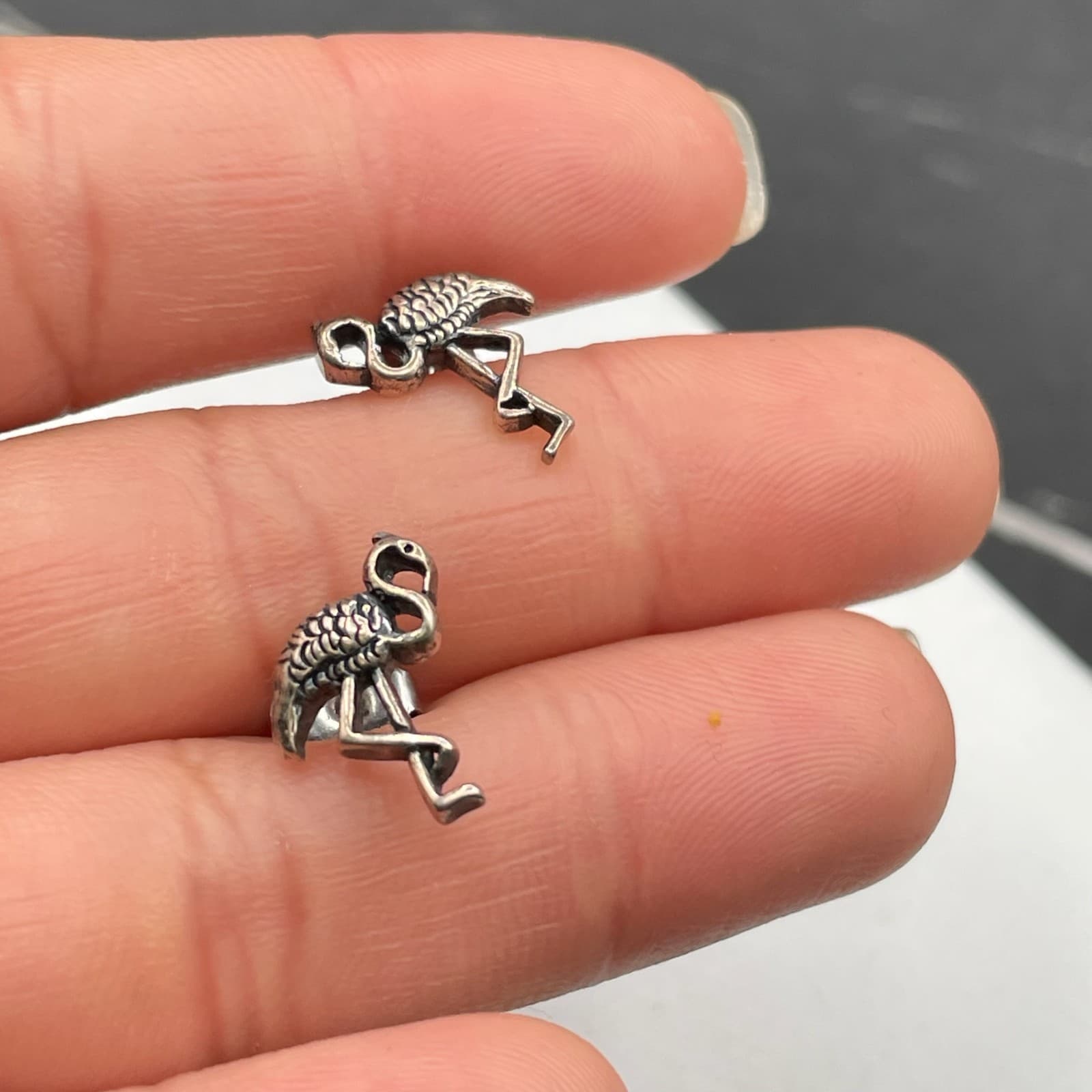 Vintage Silver-Tone Classic Fashion Textured Flamingo Butterfly Back Earrings - Thumbnail 8