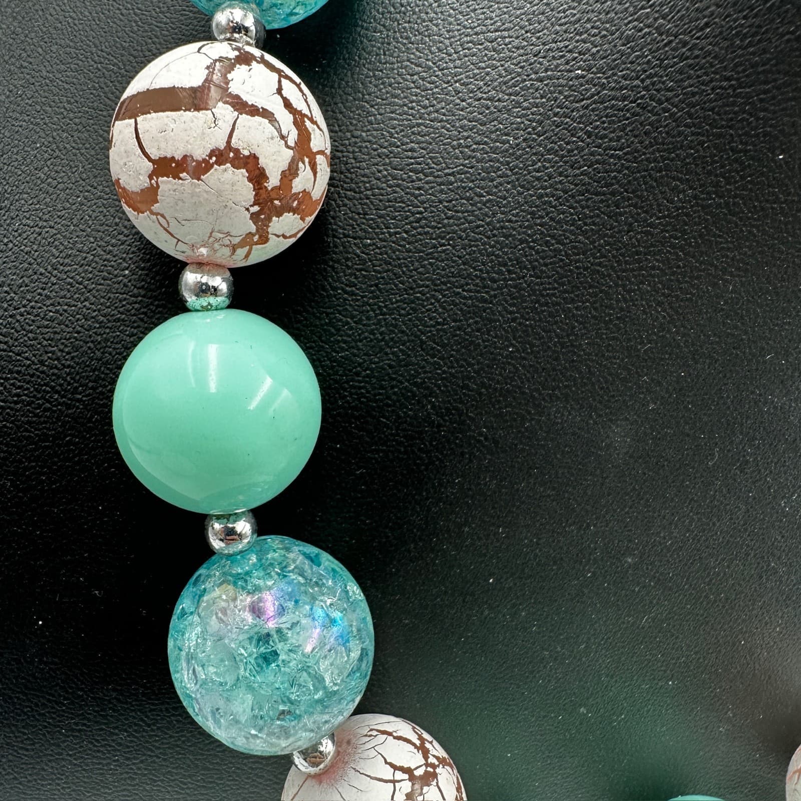 Chunky Mint Green Crackle Glass Bead Boho Statement Necklace Artisan Style - Thumbnail 4