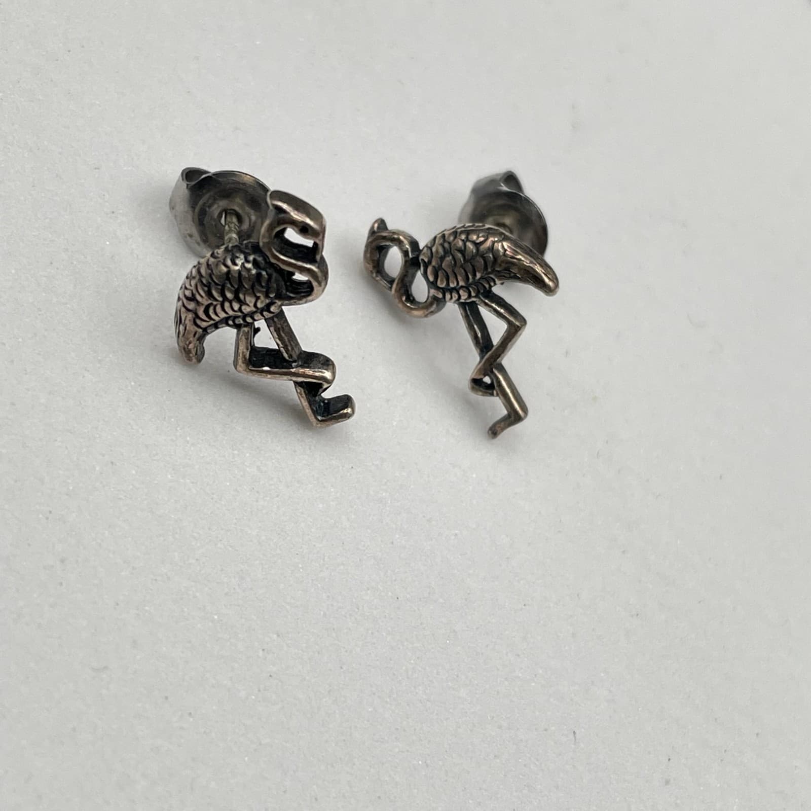 Vintage Silver-Tone Classic Fashion Textured Flamingo Butterfly Back Earrings - Thumbnail 6