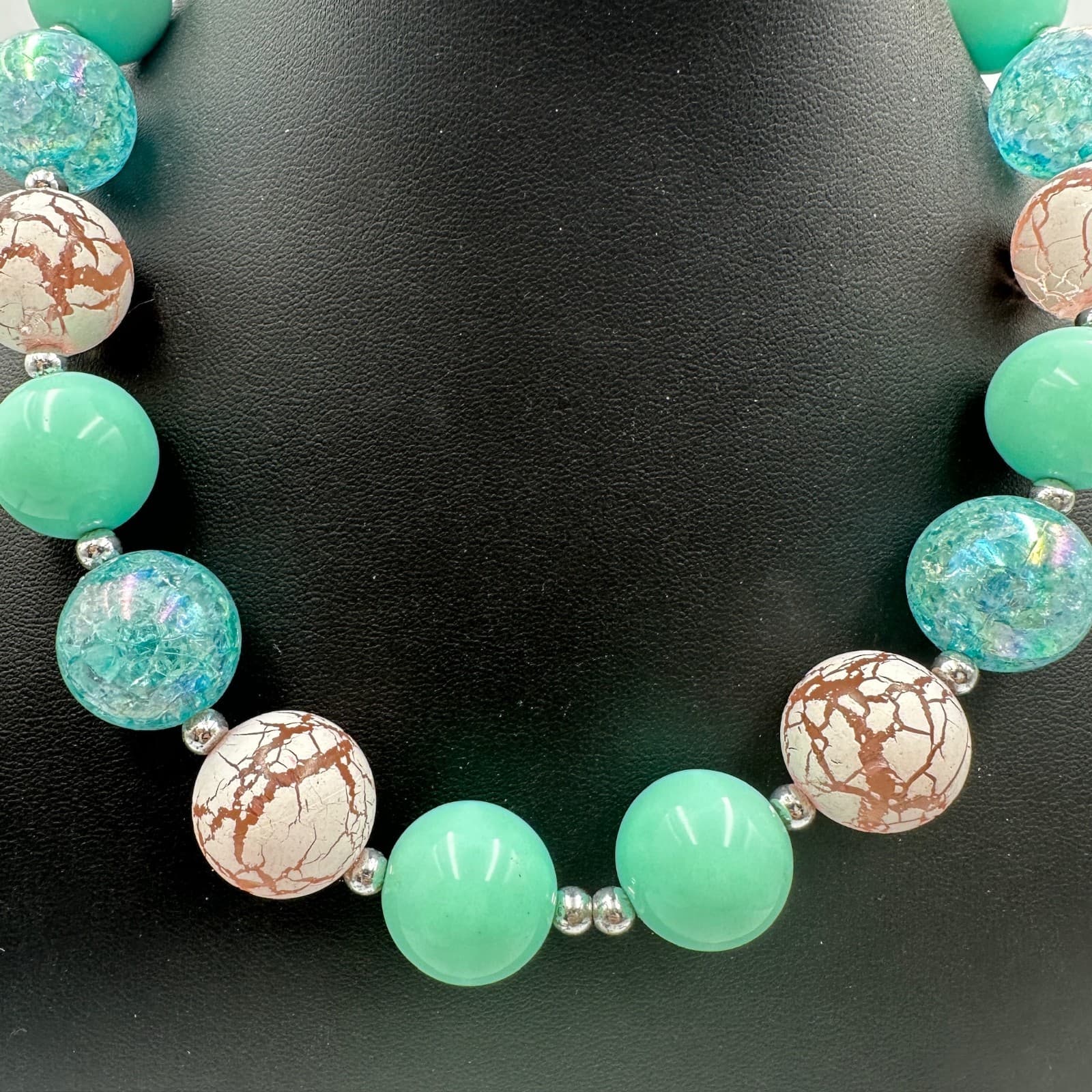 Chunky Mint Green Crackle Glass Bead Boho Statement Necklace Artisan Style - Thumbnail 3