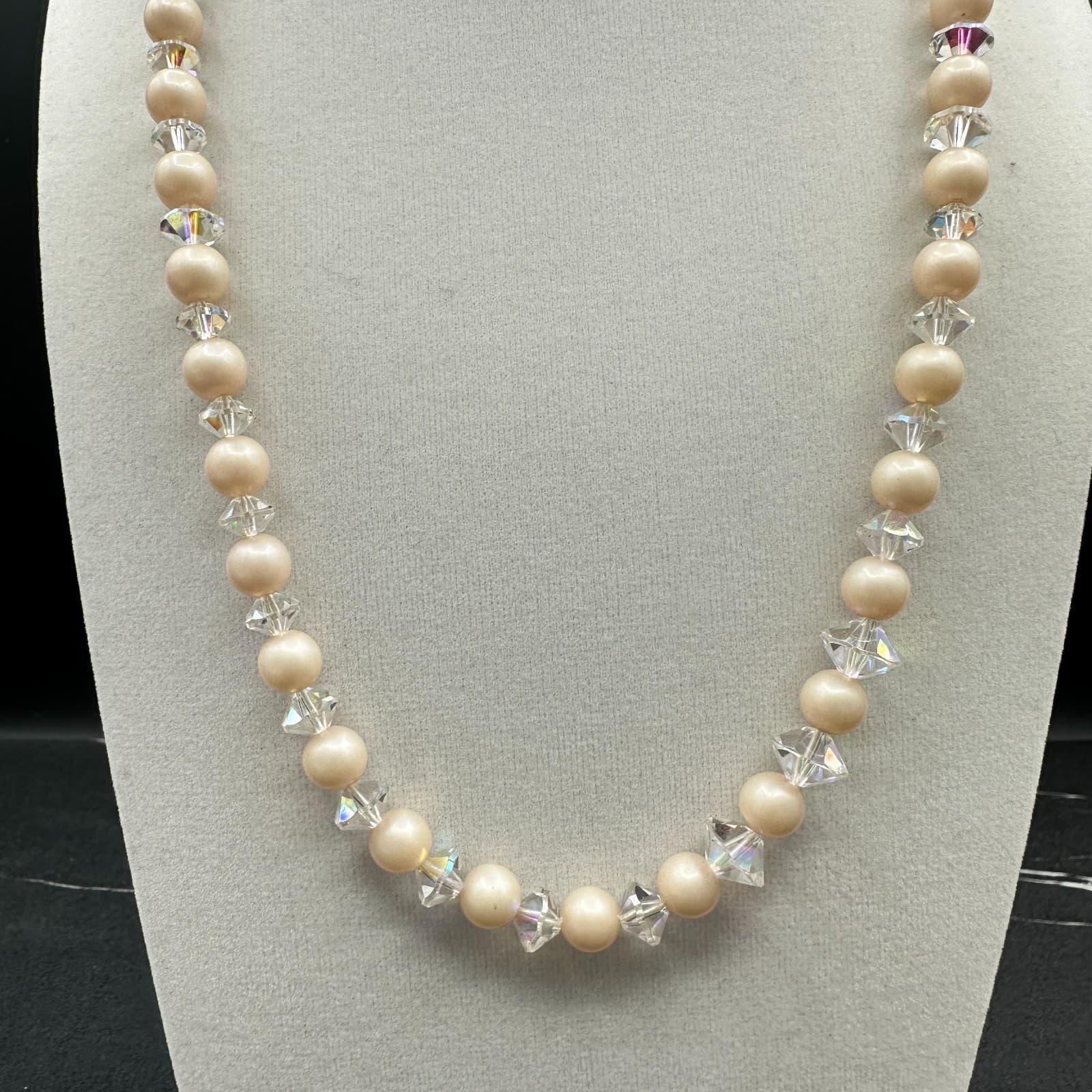Vintage Cream Peach Faux Pearl Clear Crystal Choker Necklace 21" Classic Glam - Thumbnail 2