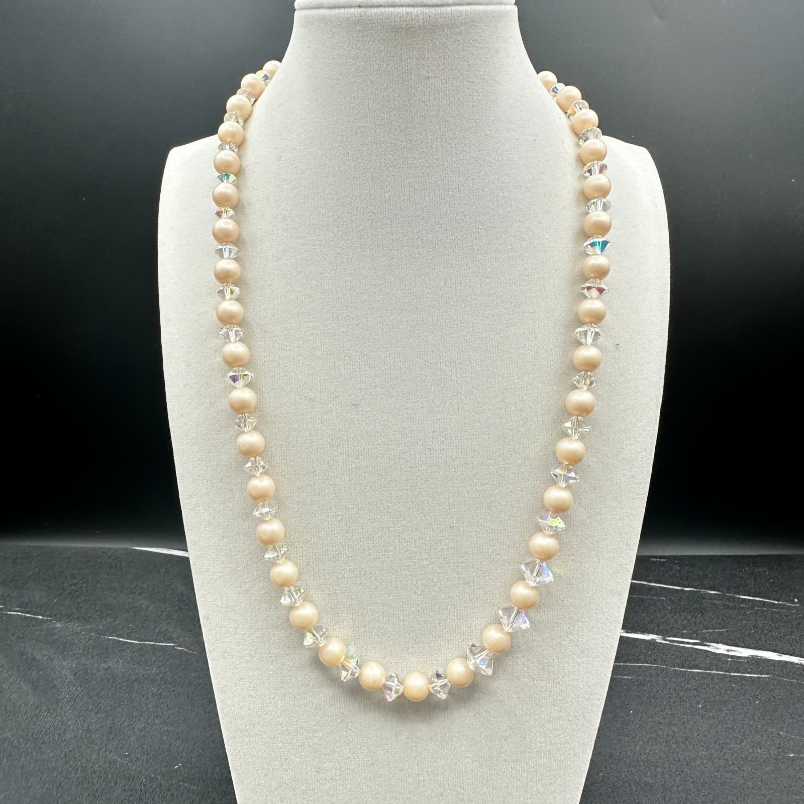 Vintage Cream Peach Faux Pearl Clear Crystal Choker Necklace 21" Classic Glam - Image 1