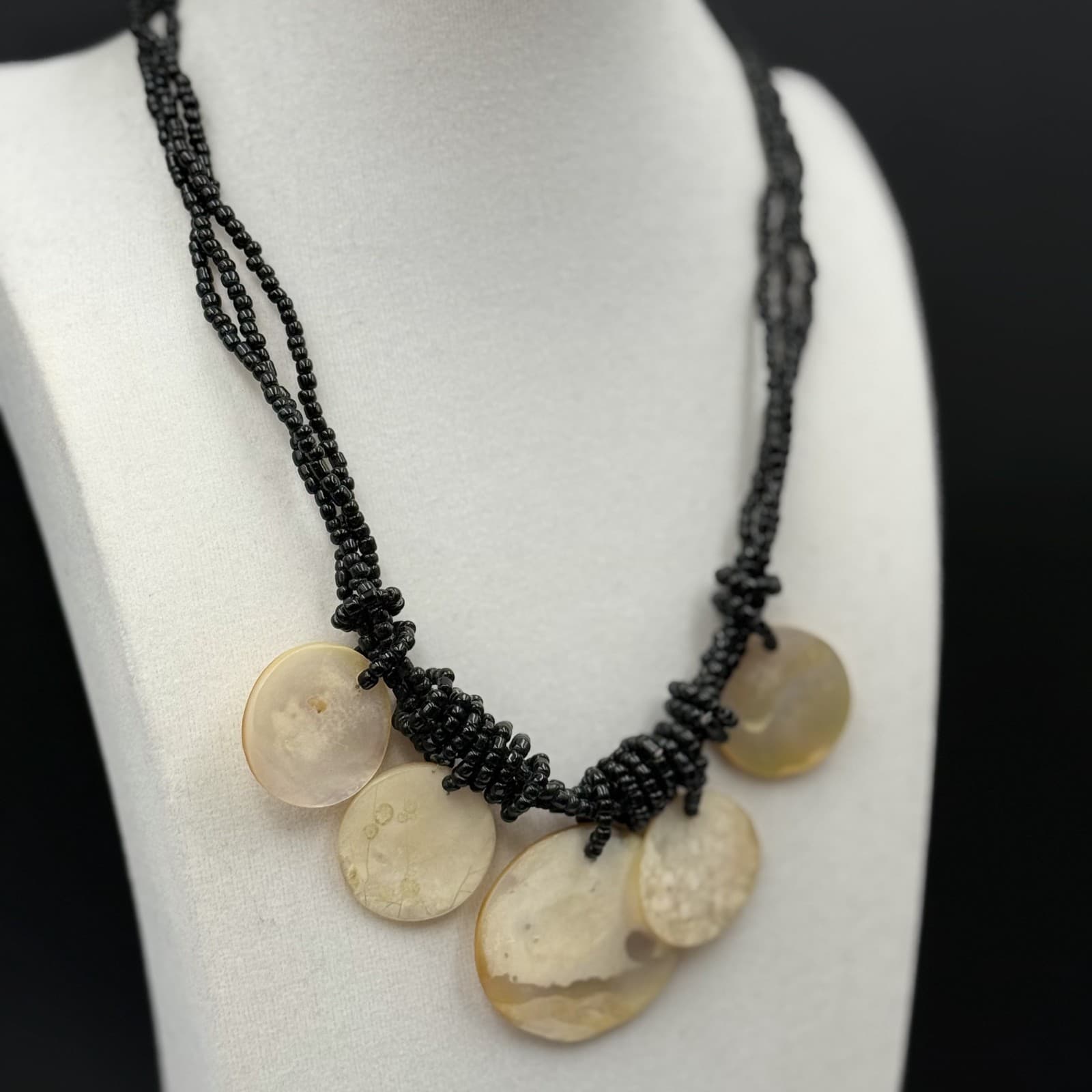 Vintage Black Seed Bead Necklace w/ Shell Disc Bib Boho Statement - Thumbnail 8