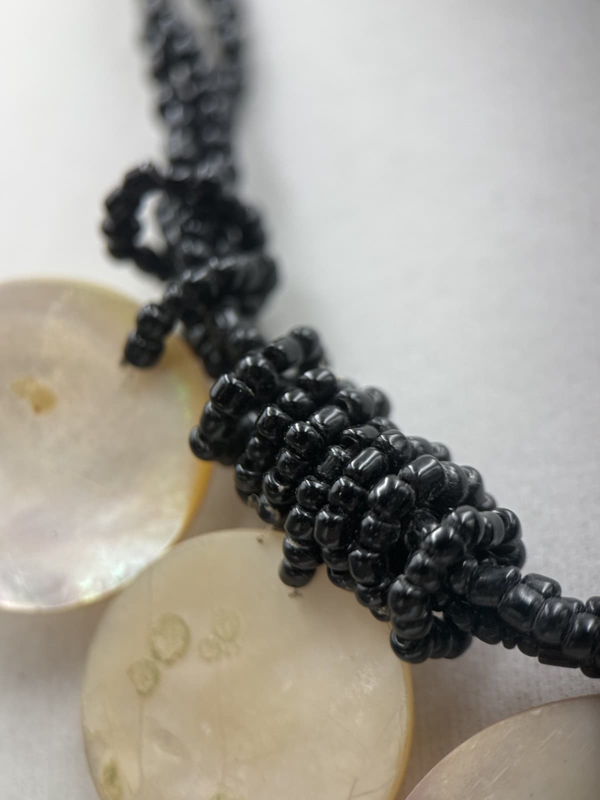 Vintage Black Seed Bead Necklace w/ Shell Disc Bib Boho Statement - Thumbnail 11