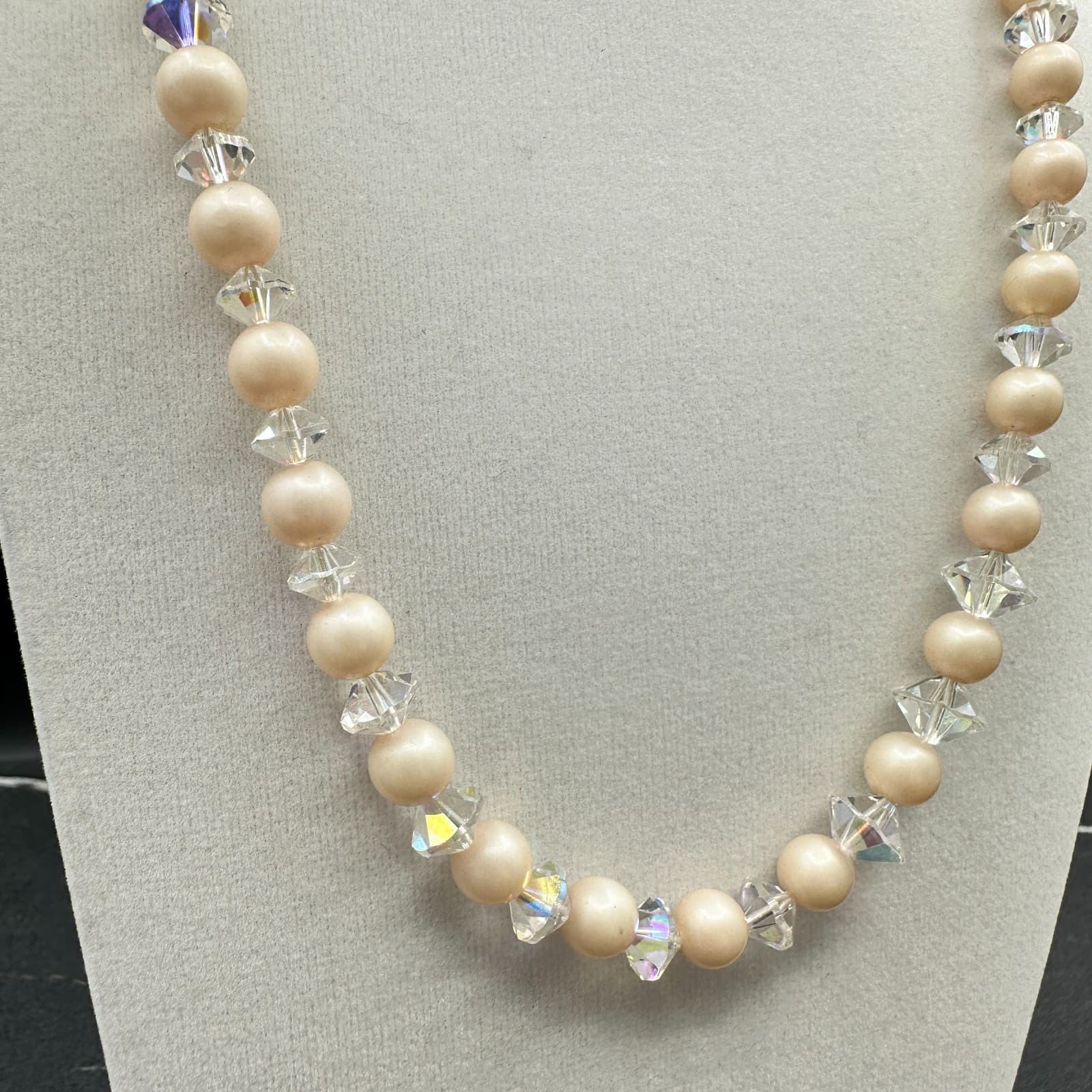 Vintage Cream Peach Faux Pearl Clear Crystal Choker Necklace 21" Classic Glam - Thumbnail 3