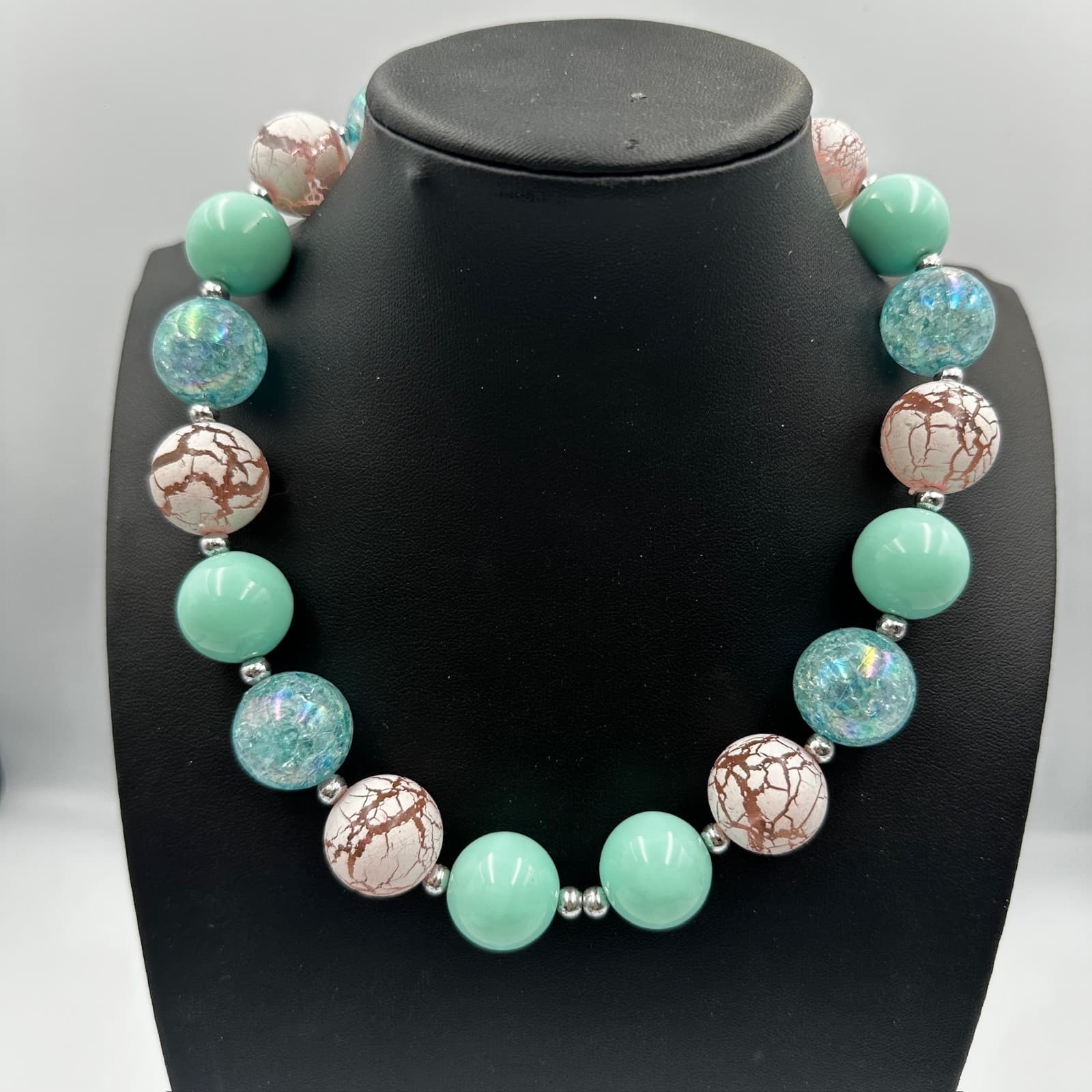 Chunky Mint Green Crackle Glass Bead Boho Statement Necklace Artisan Style - Thumbnail 2