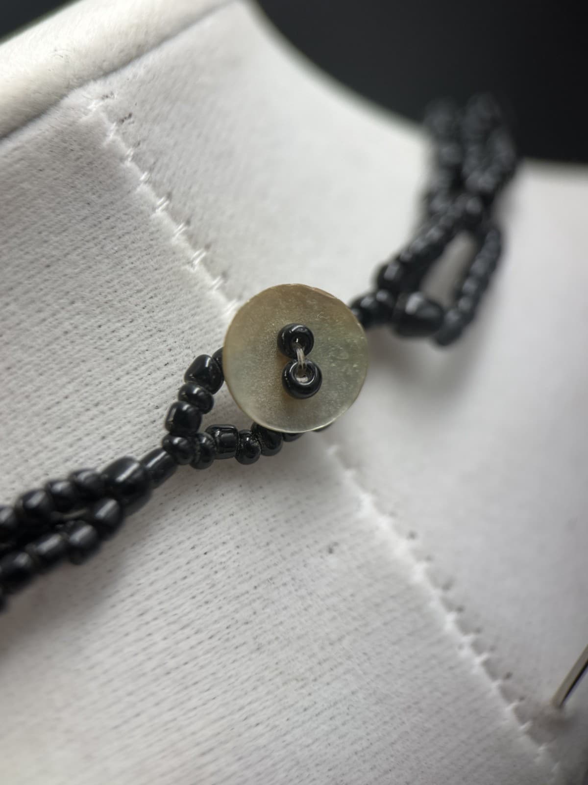 Vintage Black Seed Bead Necklace w/ Shell Disc Bib Boho Statement - Thumbnail 12