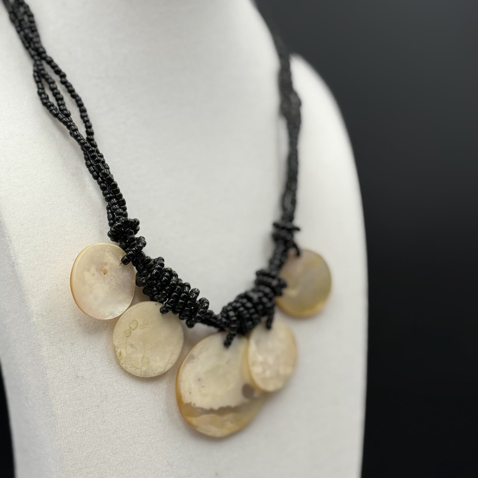 Vintage Black Seed Bead Necklace w/ Shell Disc Bib Boho Statement - Thumbnail 9