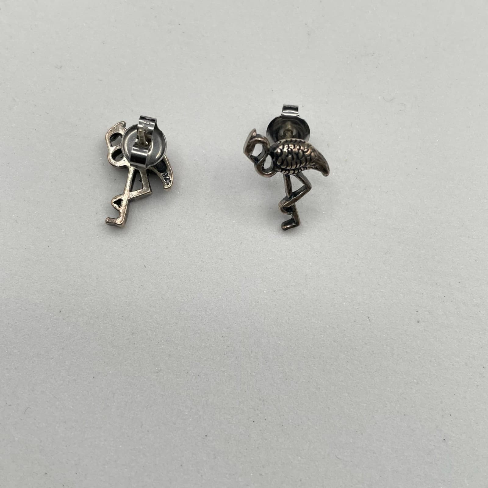 Vintage Silver-Tone Classic Fashion Textured Flamingo Butterfly Back Earrings - Thumbnail 2