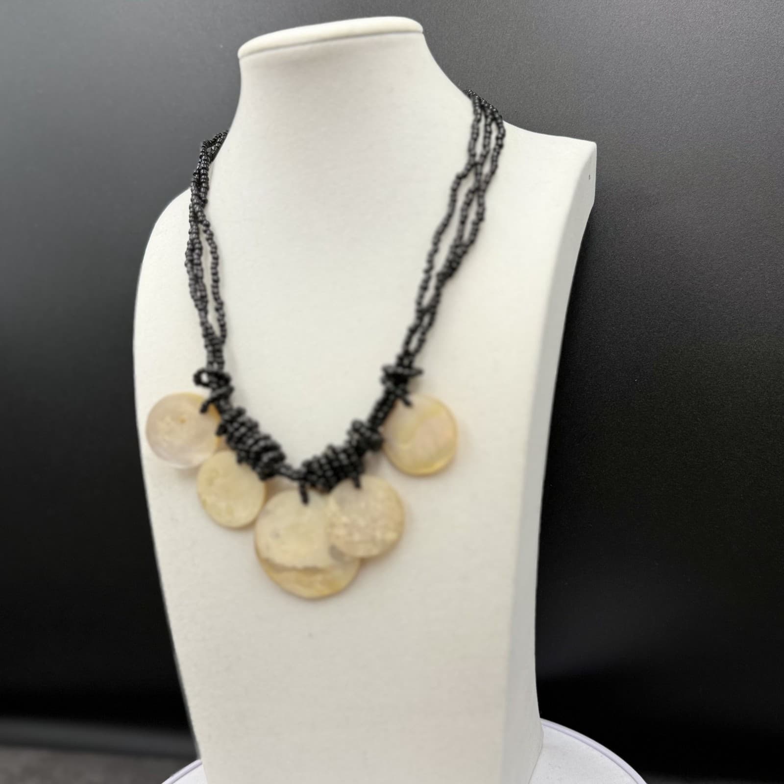 Vintage Black Seed Bead Necklace w/ Shell Disc Bib Boho Statement - Thumbnail 3