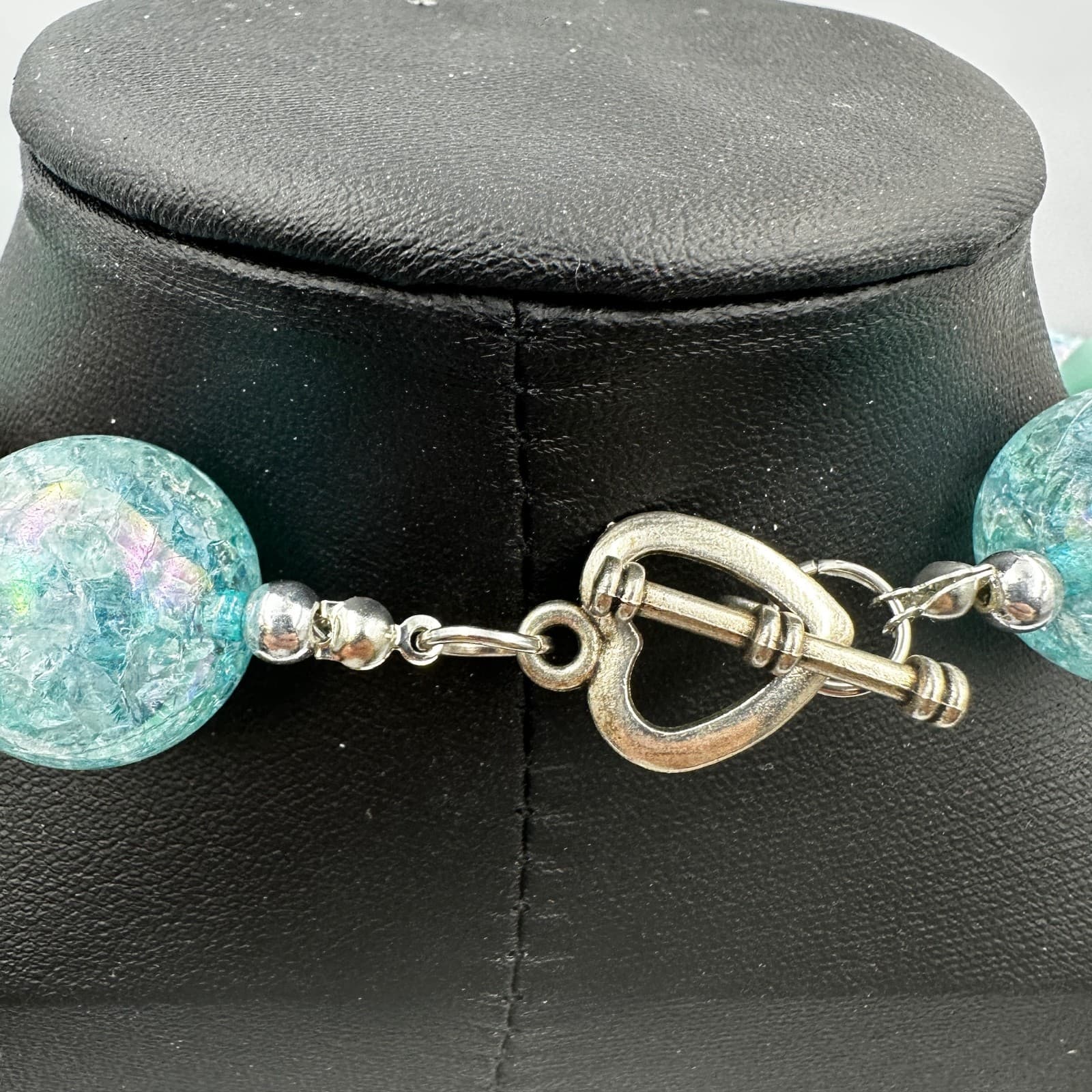 Chunky Mint Green Crackle Glass Bead Boho Statement Necklace Artisan Style - Thumbnail 5