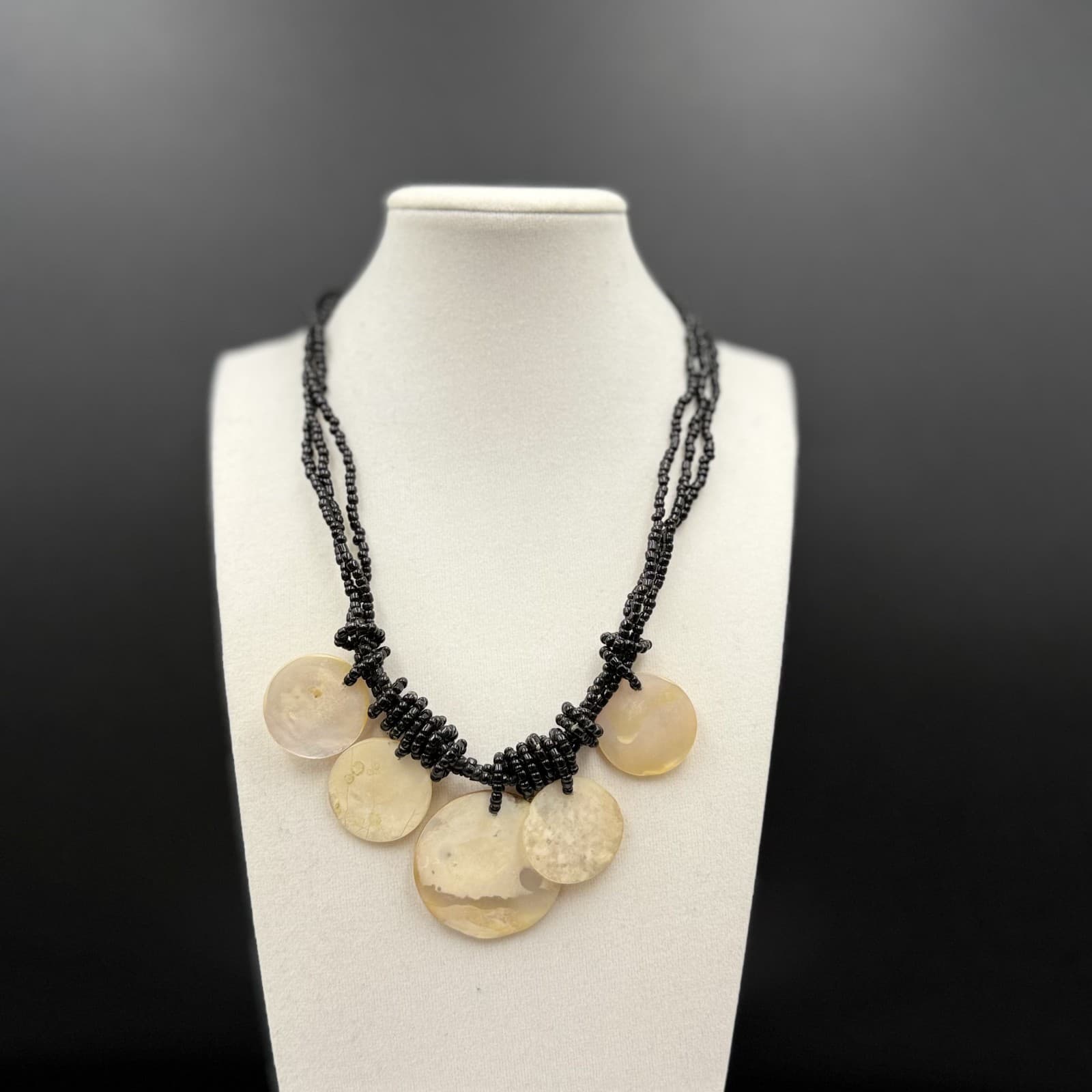 Vintage Black Seed Bead Necklace w/ Shell Disc Bib Boho Statement - Thumbnail 2