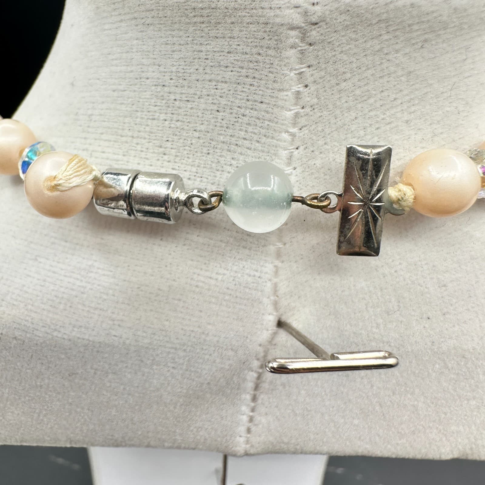 Vintage Cream Peach Faux Pearl Clear Crystal Choker Necklace 21" Classic Glam - Thumbnail 6