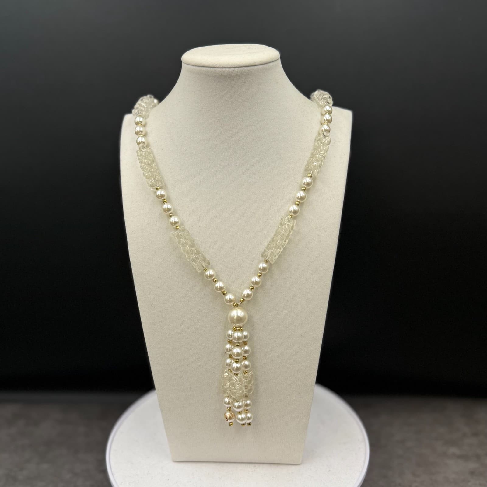 Vintage Cream Faux Pearl Tassel Necklace Textured Bead Statement - Image 1