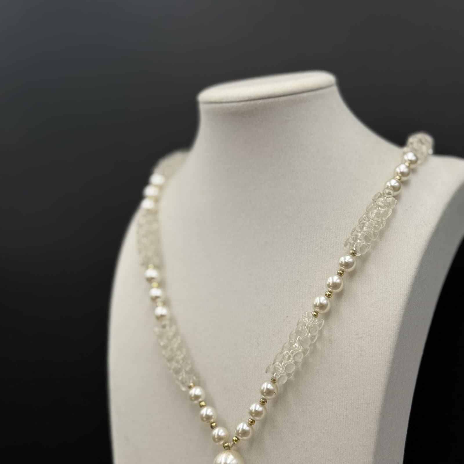 Vintage Cream Faux Pearl Tassel Necklace Textured Bead Statement - Thumbnail 2