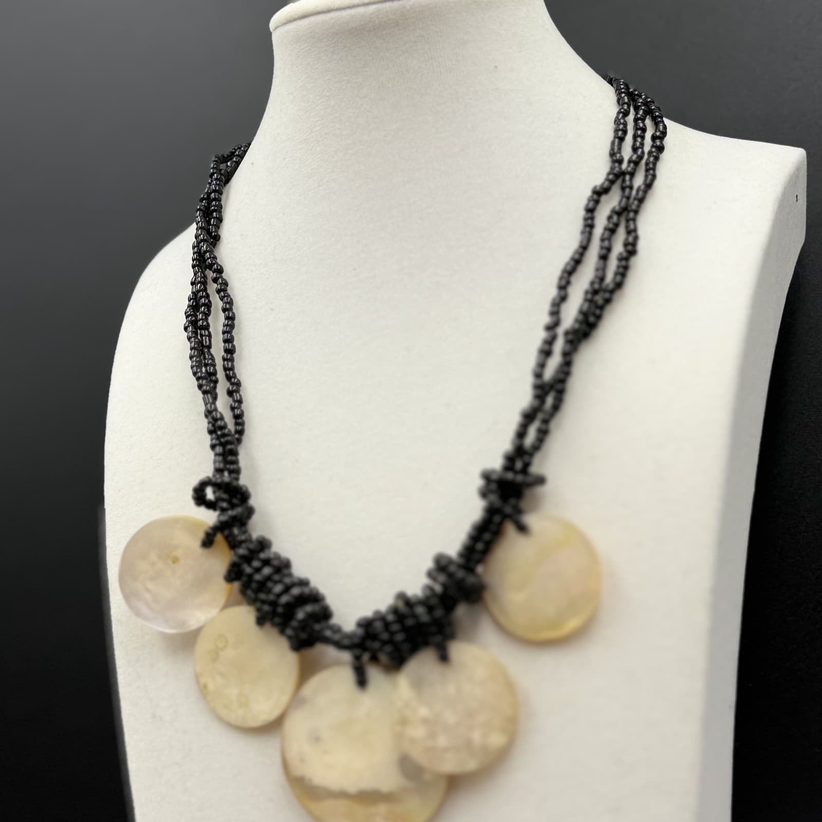 Vintage Black Seed Bead Necklace w/ Shell Disc Bib Boho Statement - Thumbnail 5