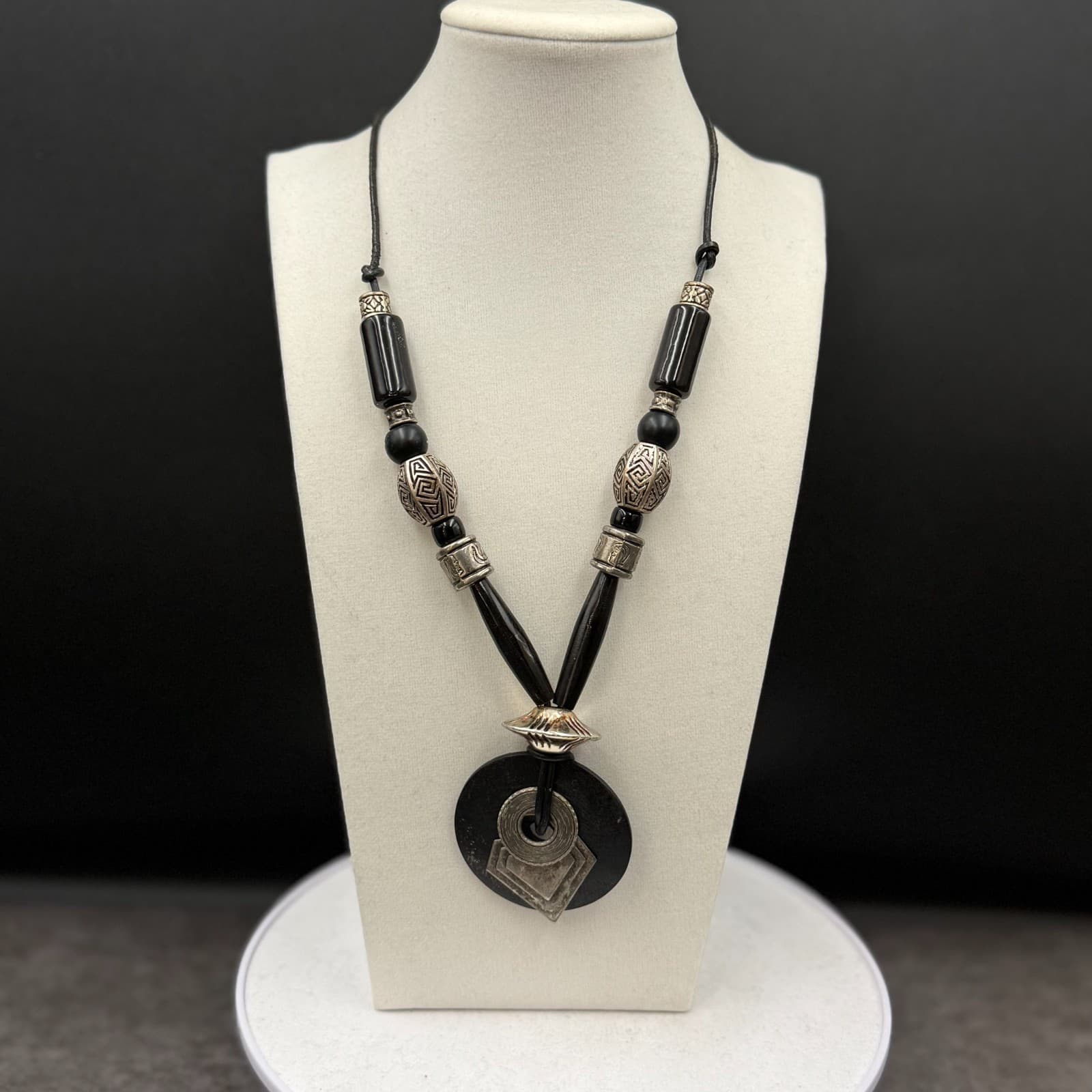 Vintage Black Wood & Silver Tribal Pendant Necklace Bold Boho Statement - Image 1