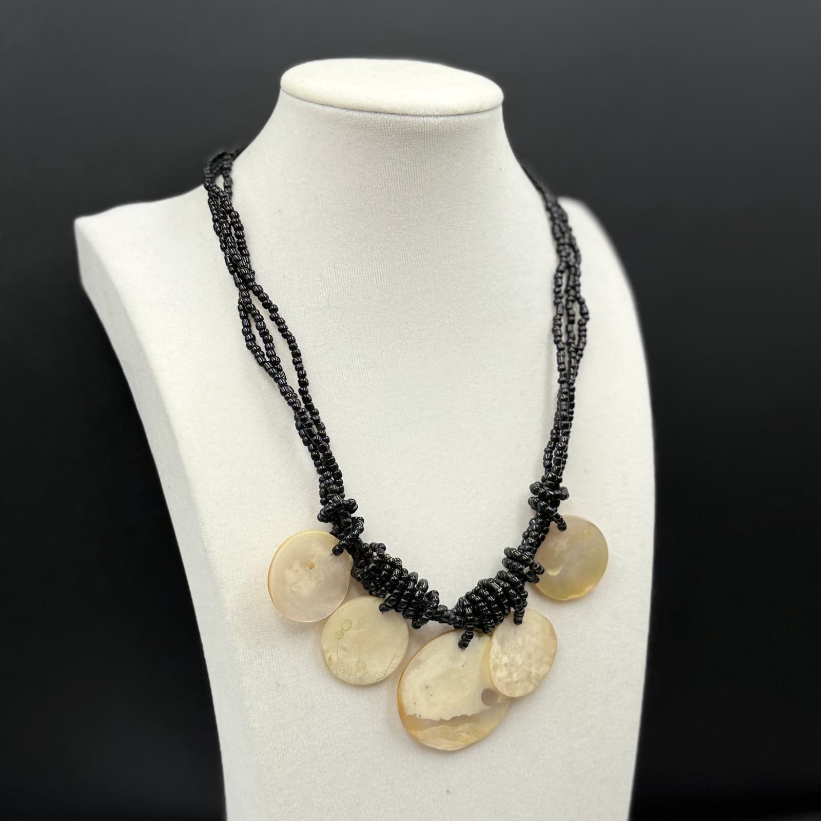 Vintage Black Seed Bead Necklace w/ Shell Disc Bib Boho Statement - Thumbnail 7