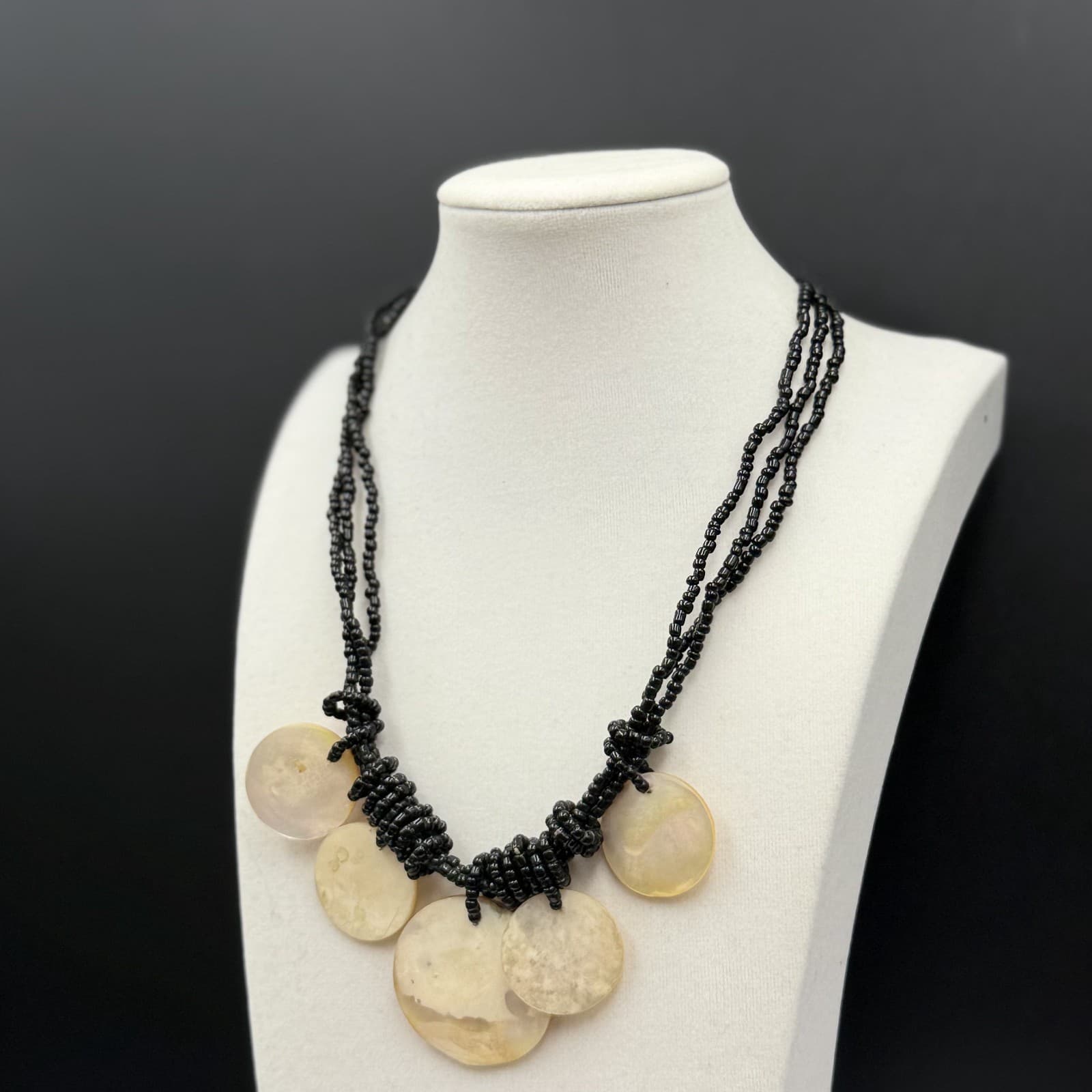 Vintage Black Seed Bead Necklace w/ Shell Disc Bib Boho Statement - Thumbnail 6