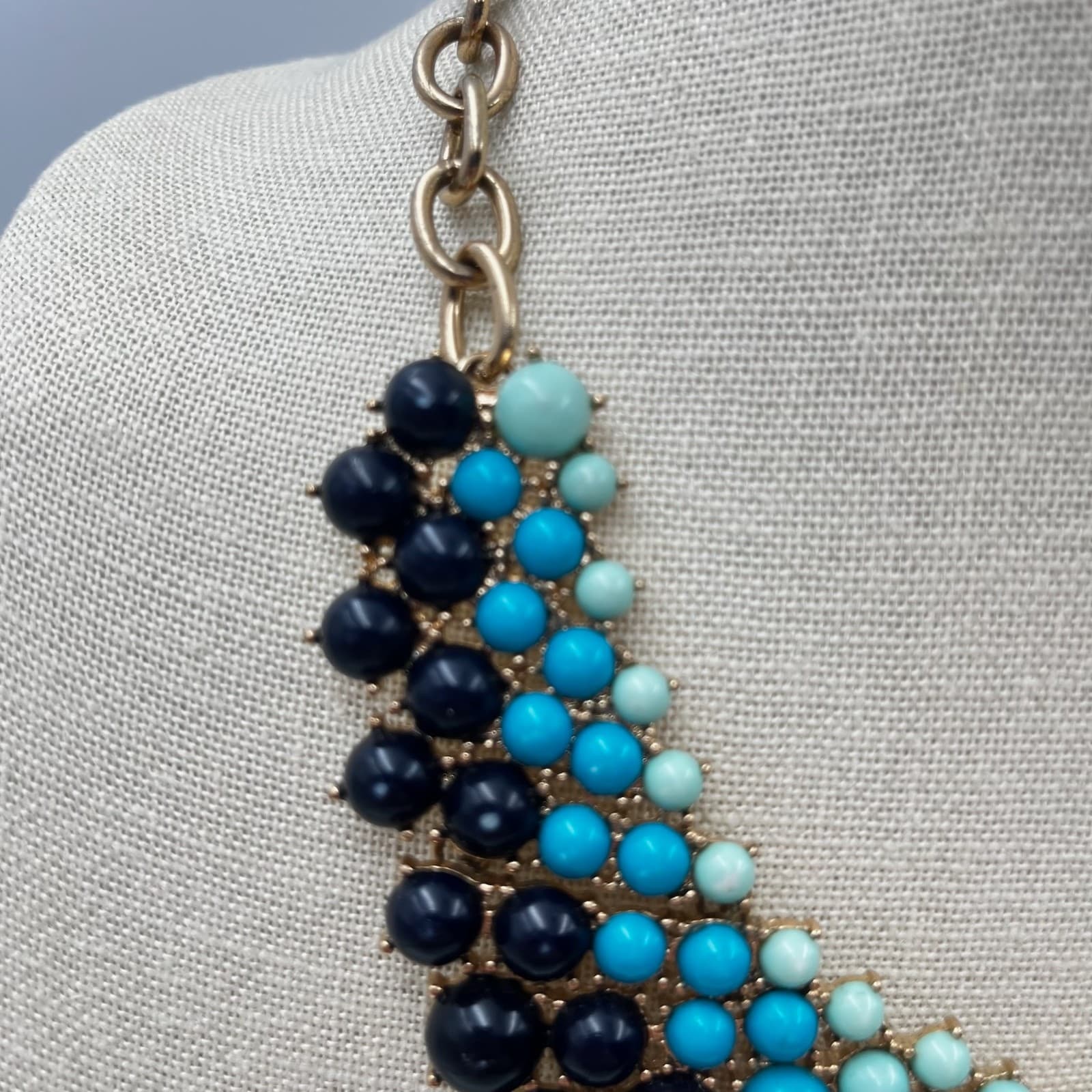 Vintage Turquoise Navy Beaded Bib Statement Necklace Gold Tone Chunky Collar Y2K - Thumbnail 4