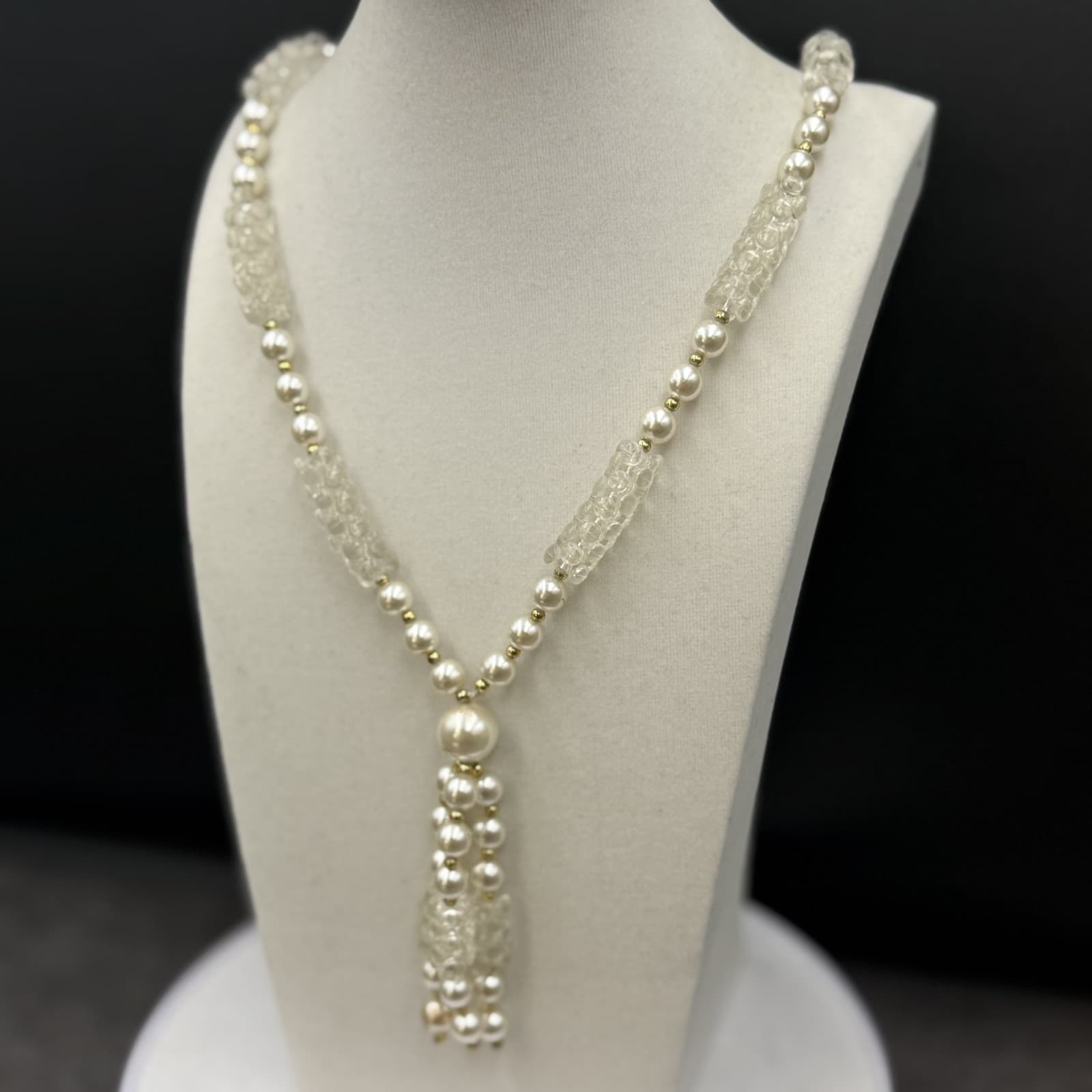 Vintage Cream Faux Pearl Tassel Necklace Textured Bead Statement - Thumbnail 6