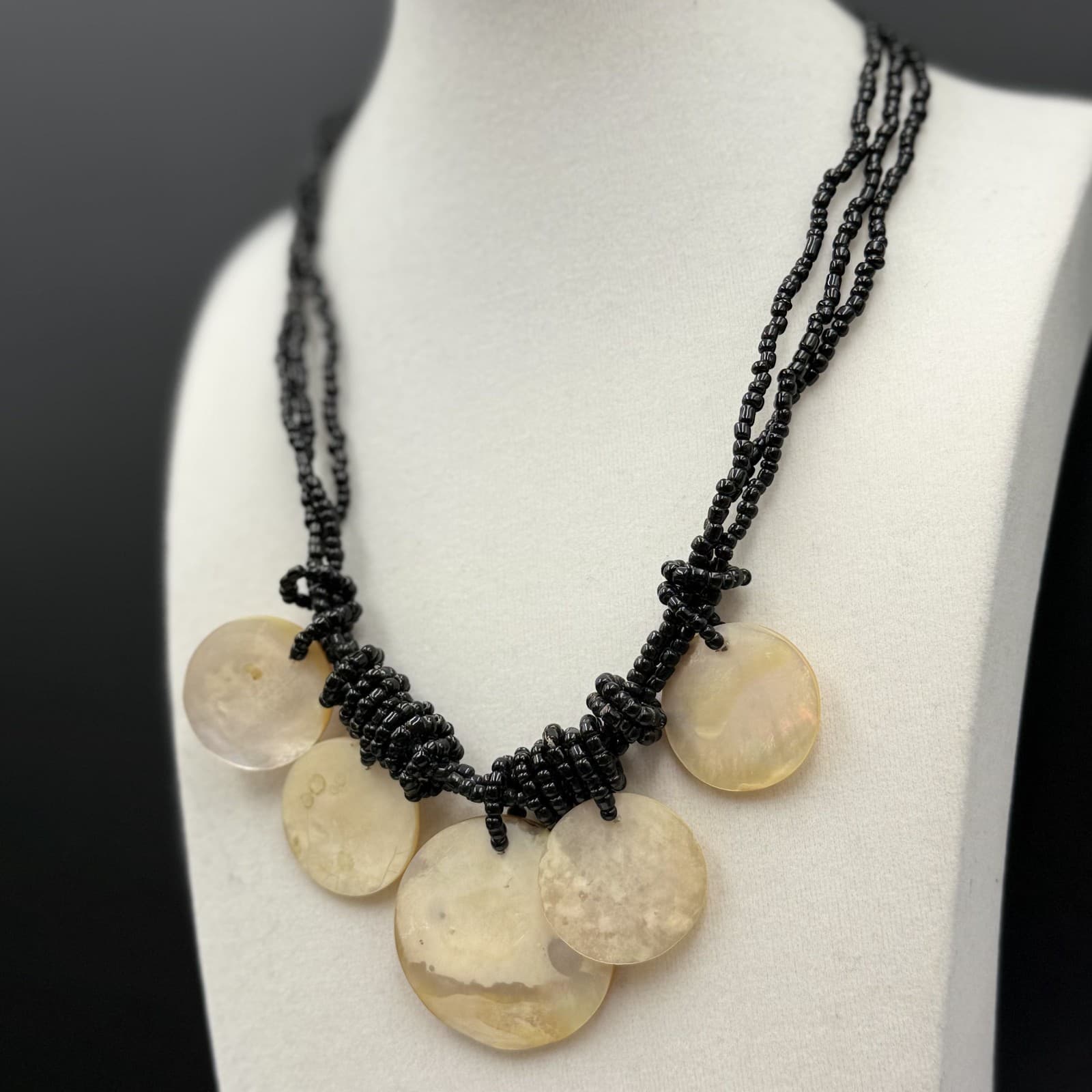 Vintage Black Seed Bead Necklace w/ Shell Disc Bib Boho Statement - Thumbnail 4