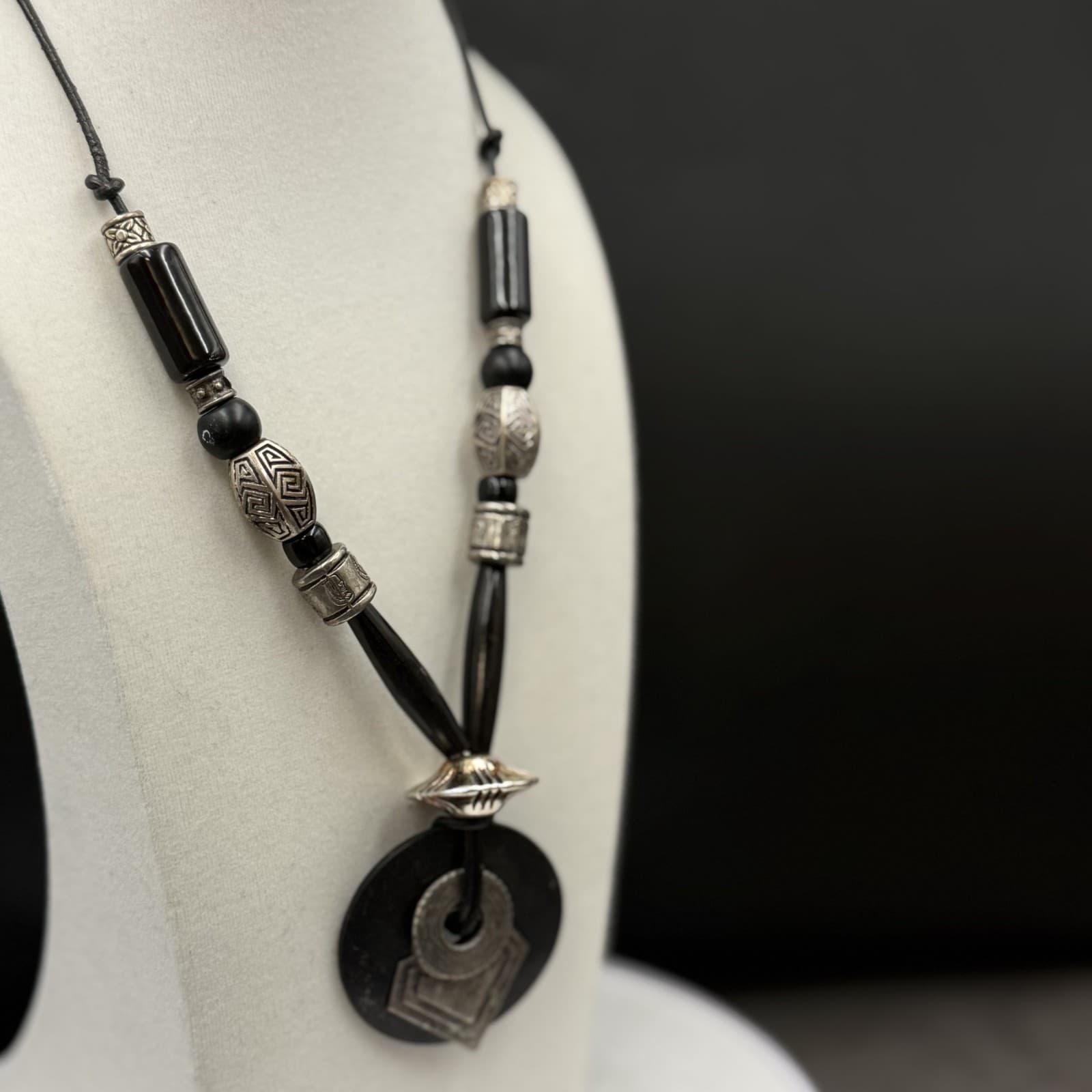 Vintage Black Wood & Silver Tribal Pendant Necklace Bold Boho Statement - Thumbnail 4