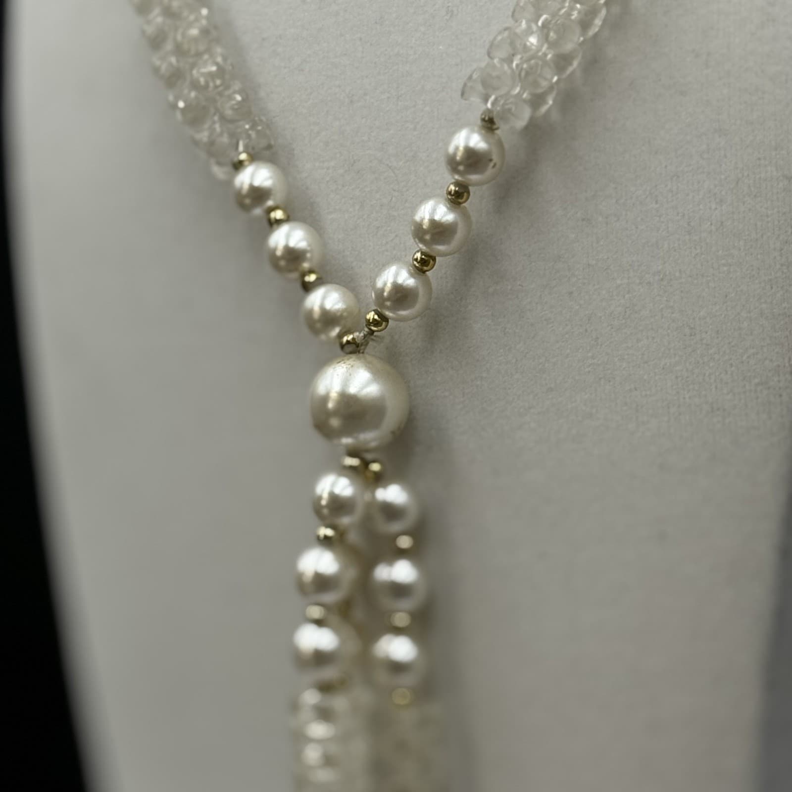 Vintage Cream Faux Pearl Tassel Necklace Textured Bead Statement - Thumbnail 9