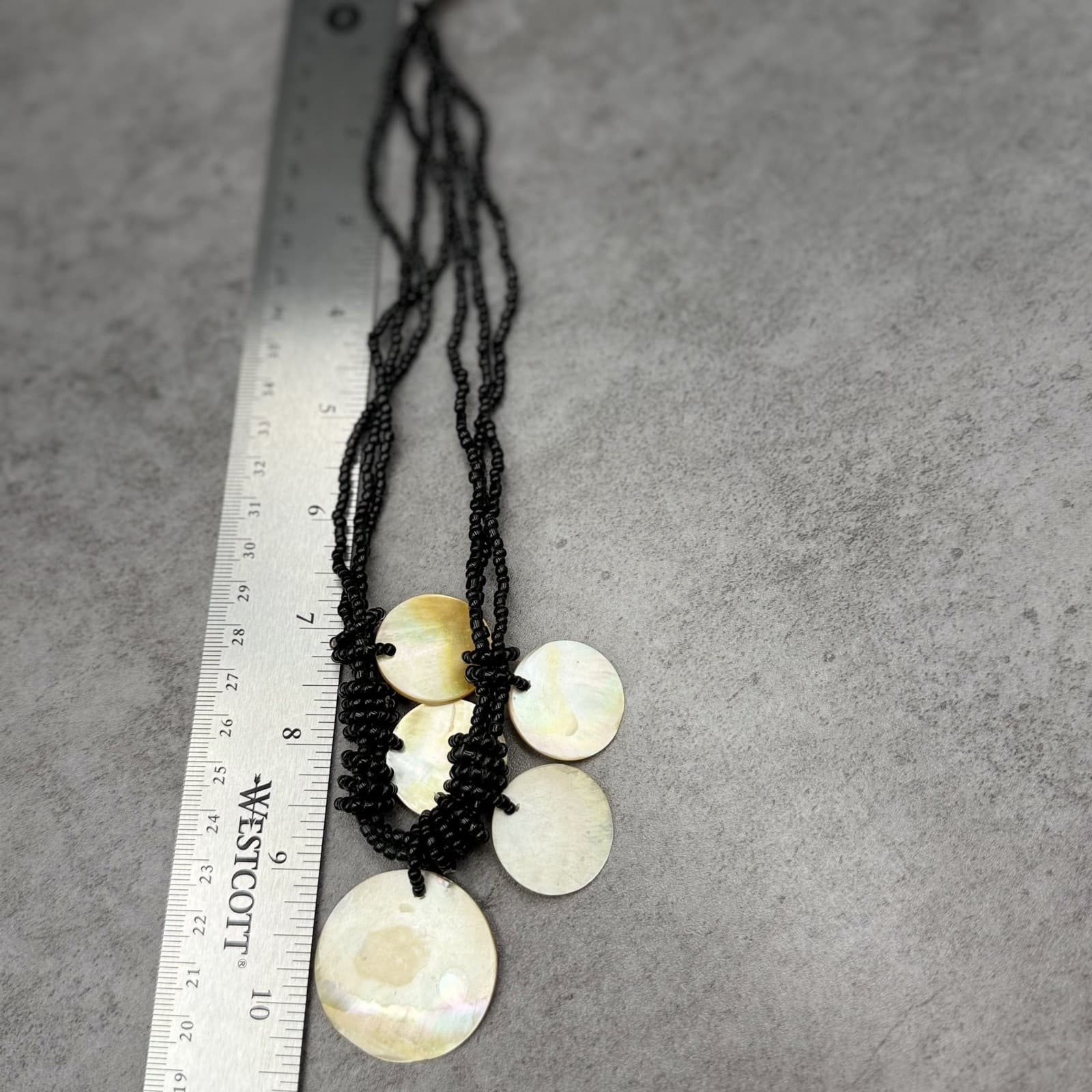 Vintage Black Seed Bead Necklace w/ Shell Disc Bib Boho Statement - Thumbnail 13