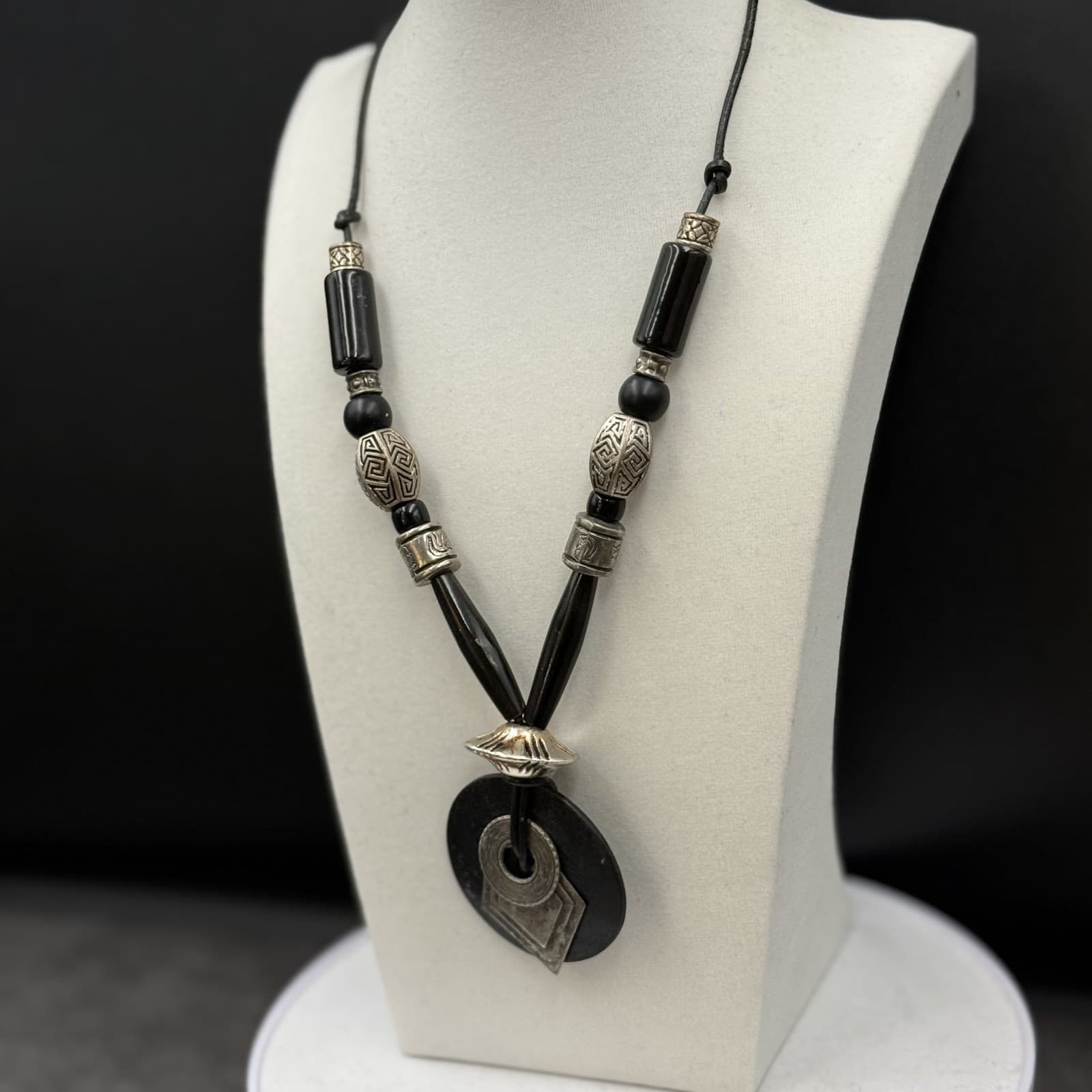 Vintage Black Wood & Silver Tribal Pendant Necklace Bold Boho Statement - Thumbnail 5