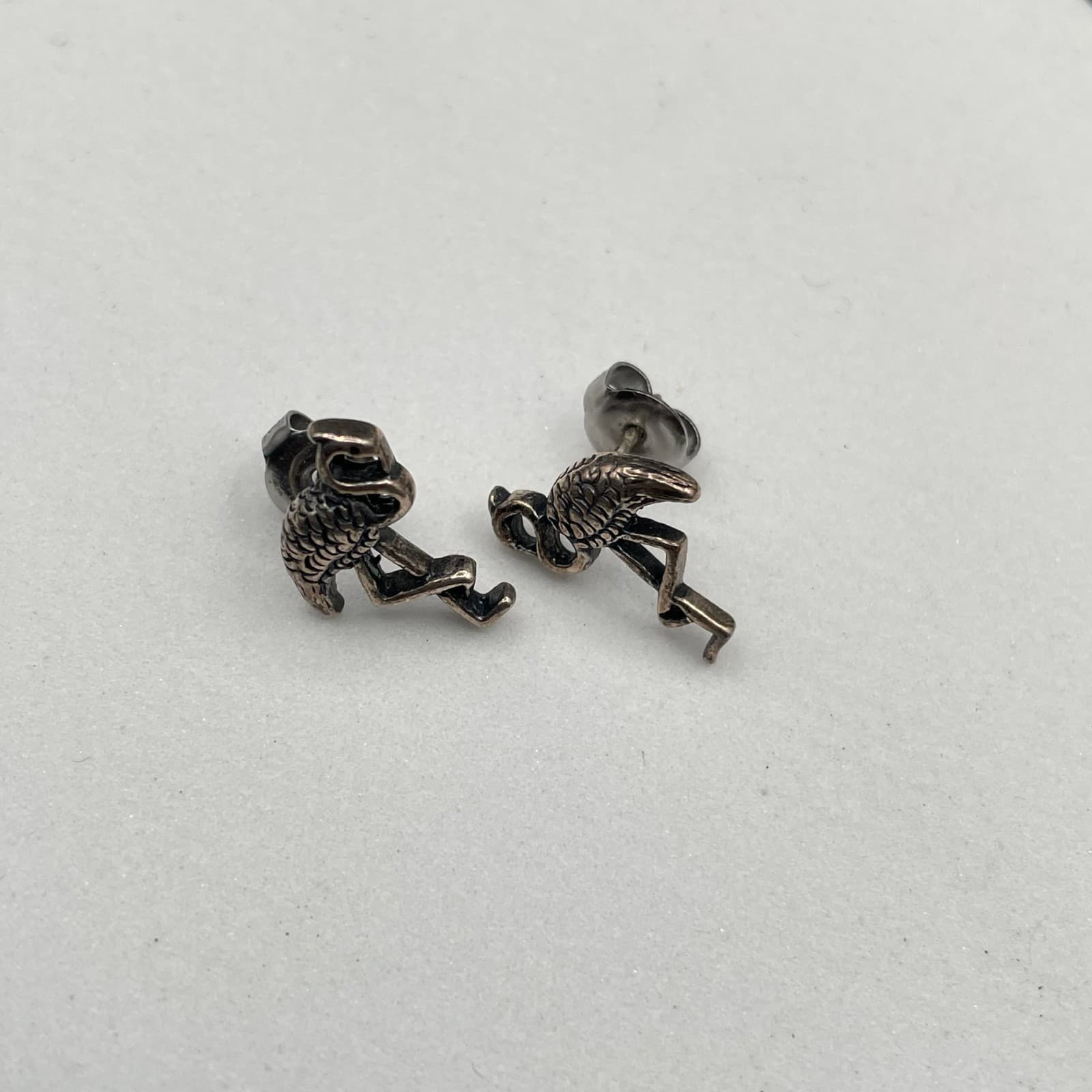 Vintage Silver-Tone Classic Fashion Textured Flamingo Butterfly Back Earrings - Thumbnail 4