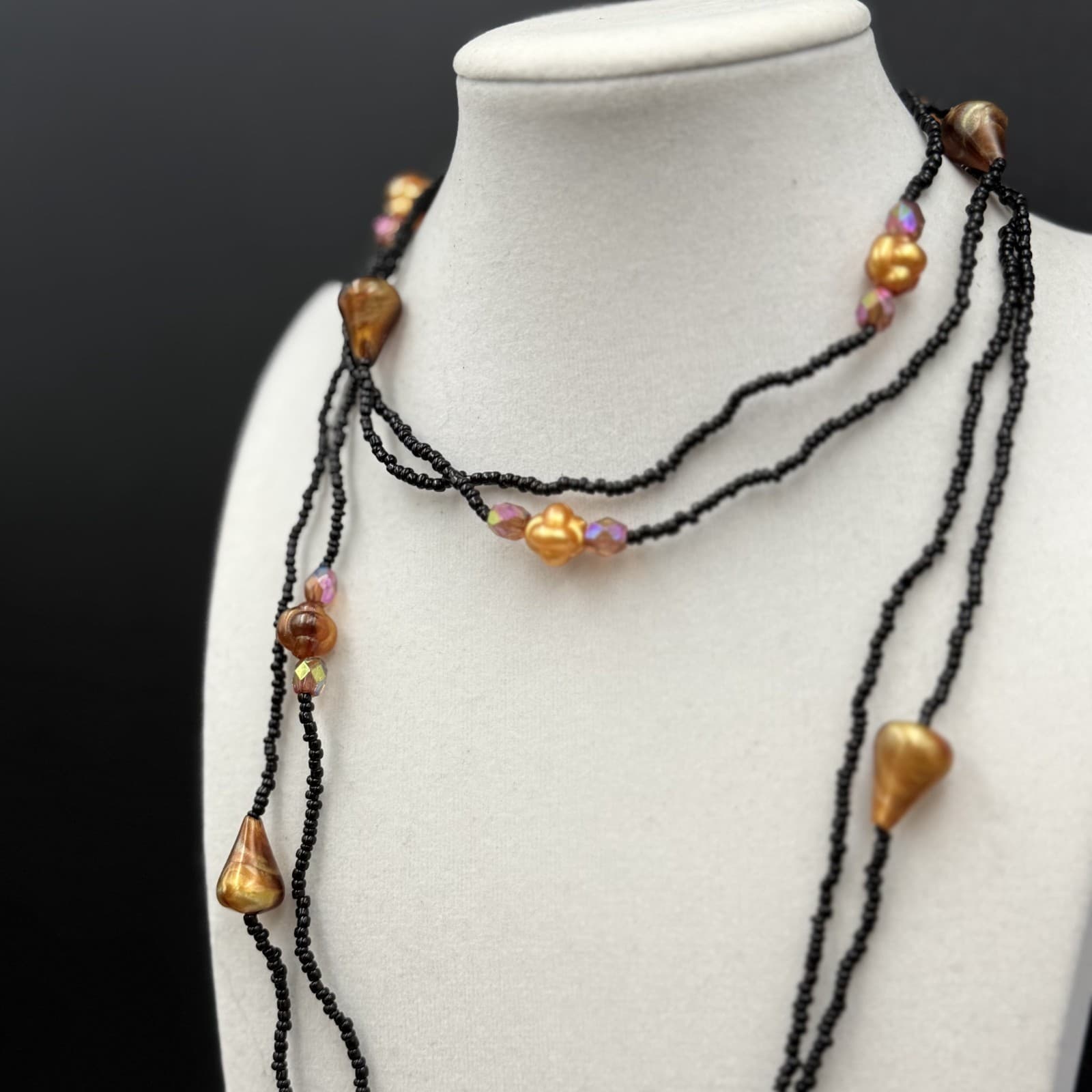 Vintage Black Seed Bead Necklace w/ Copper Shell Nuggets Boho Layered - Thumbnail 12