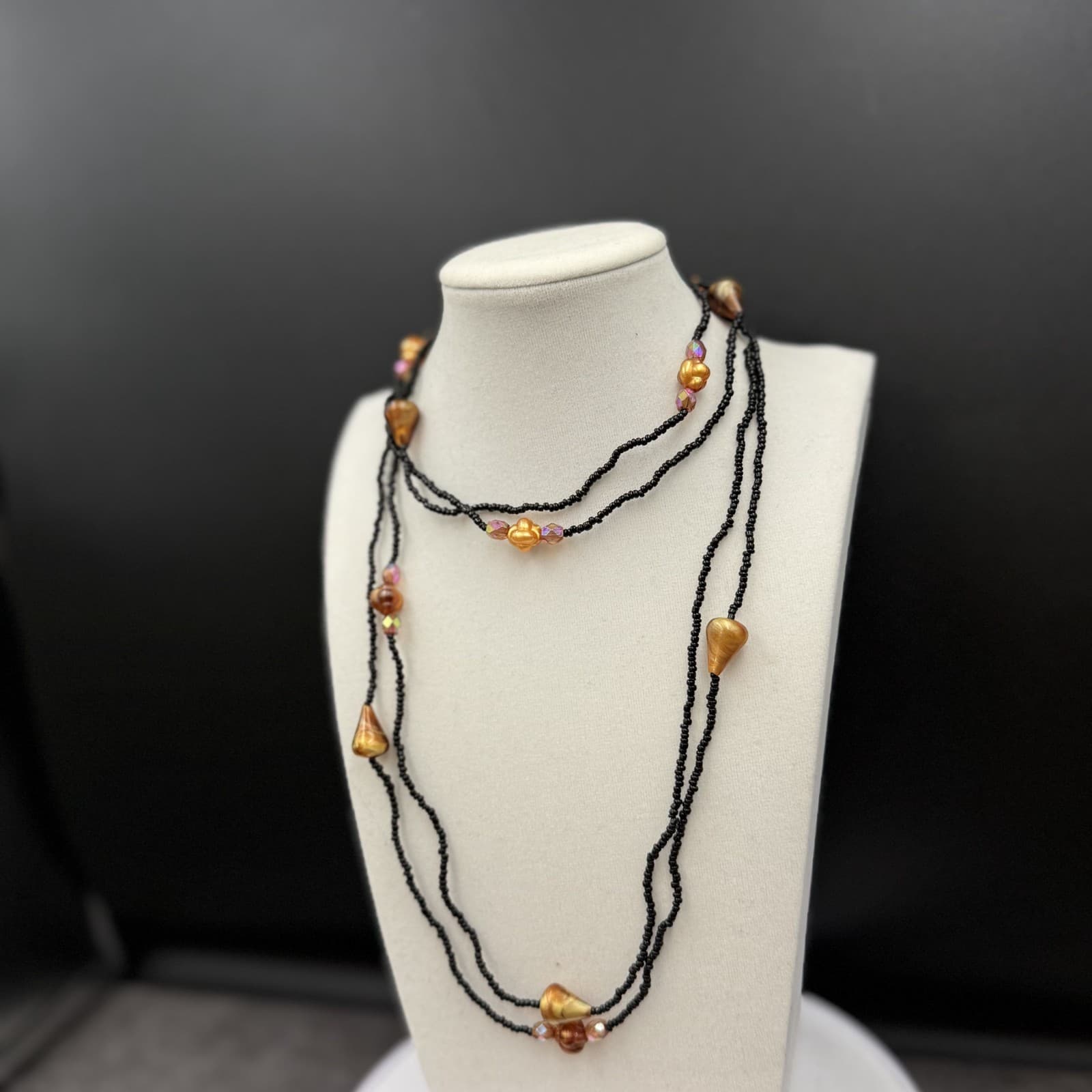 Vintage Black Seed Bead Necklace w/ Copper Shell Nuggets Boho Layered - Thumbnail 4