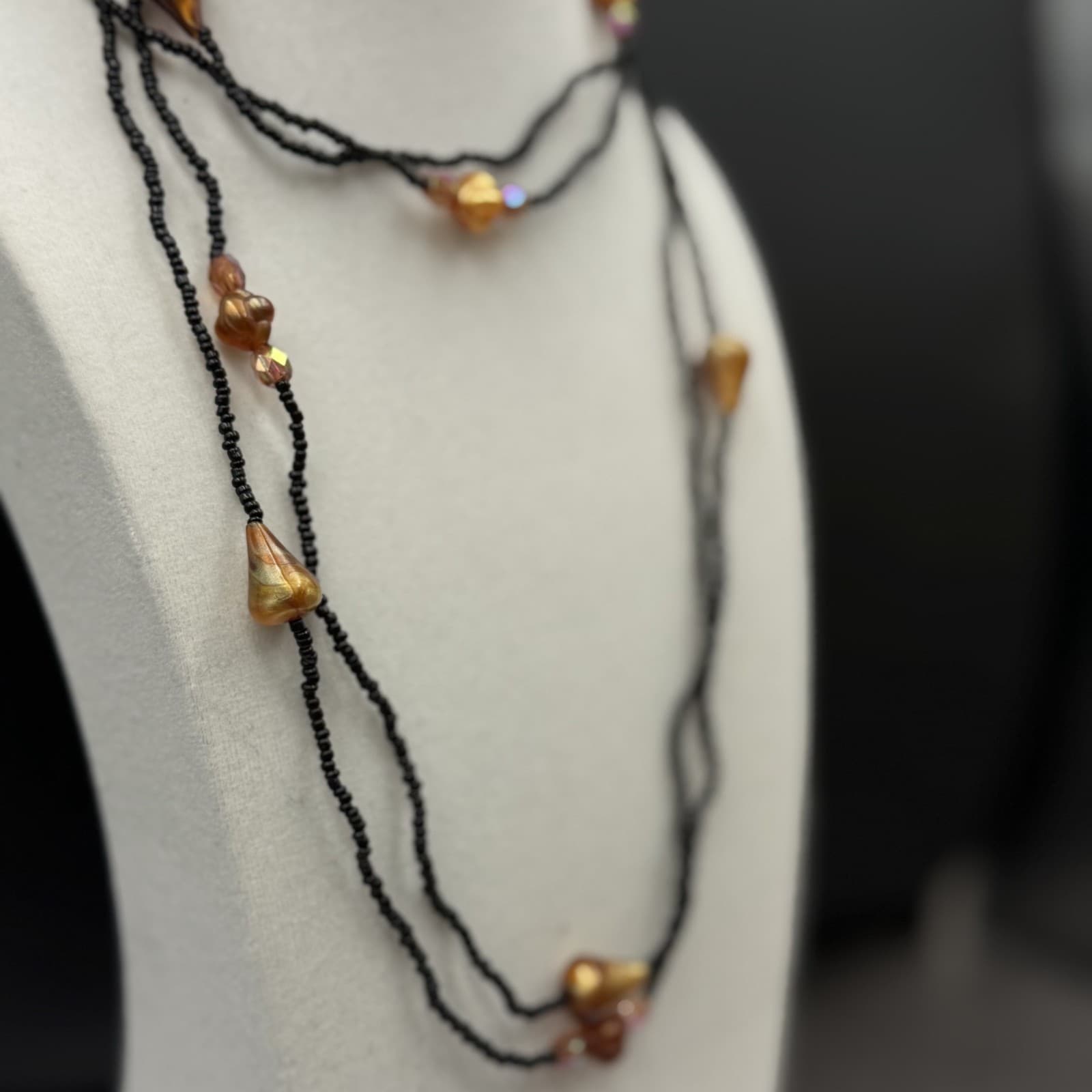 Vintage Black Seed Bead Necklace w/ Copper Shell Nuggets Boho Layered - Thumbnail 9