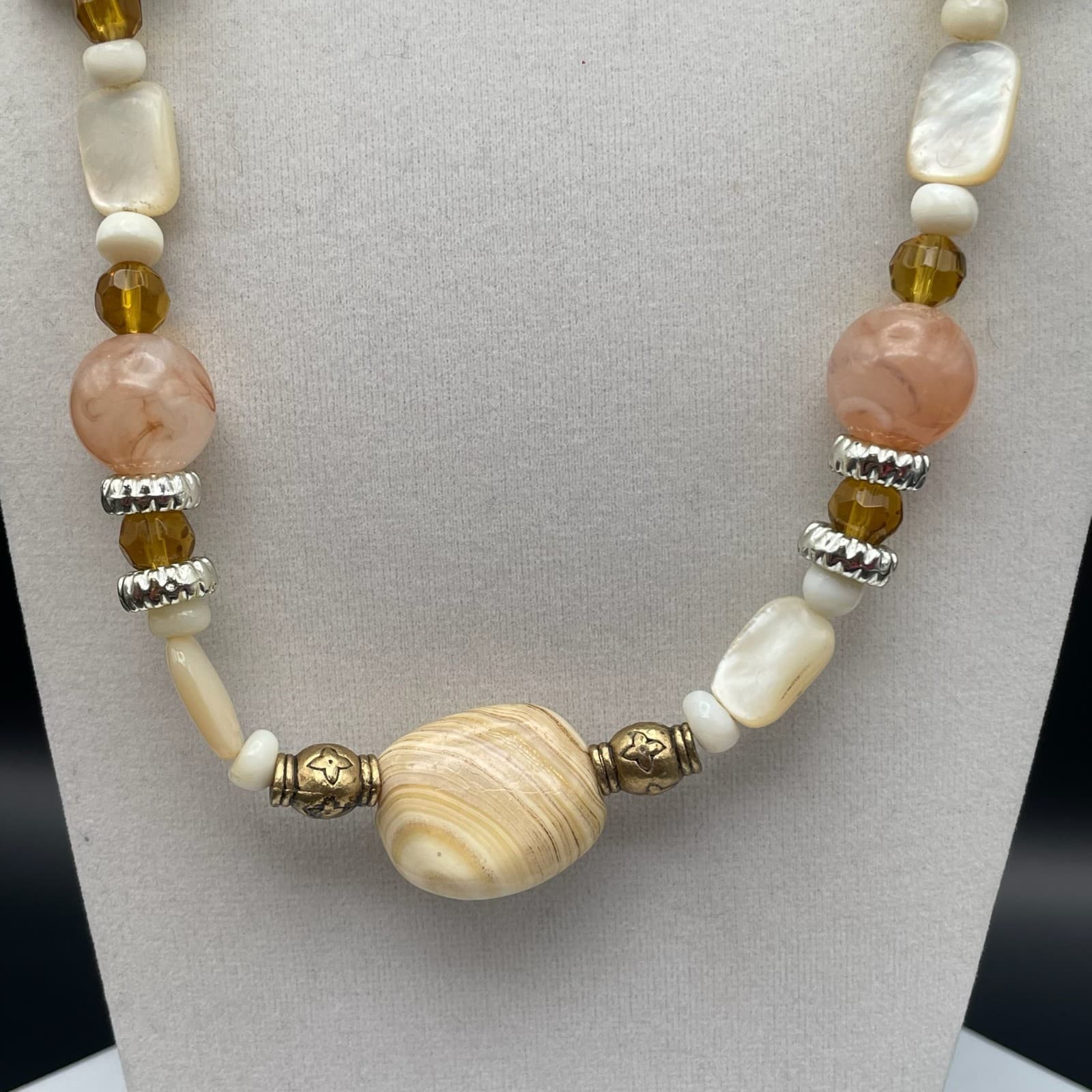 Vintage Statement Wood and Shell Beaded Necklace Accents Bohol Style Jewelry - Thumbnail 4
